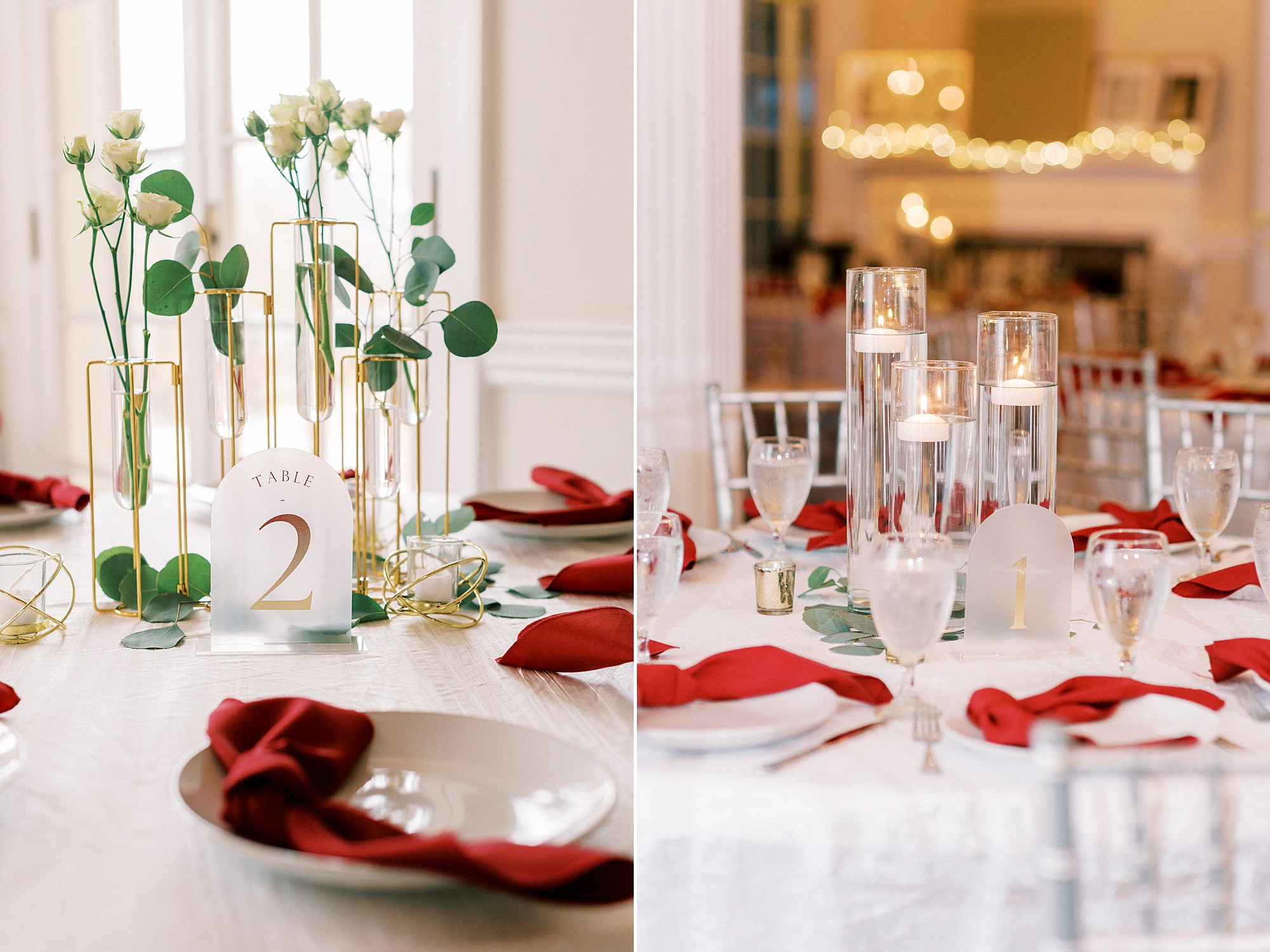 wedding reception inside Separk Mansion with red napkins on white table cloths 