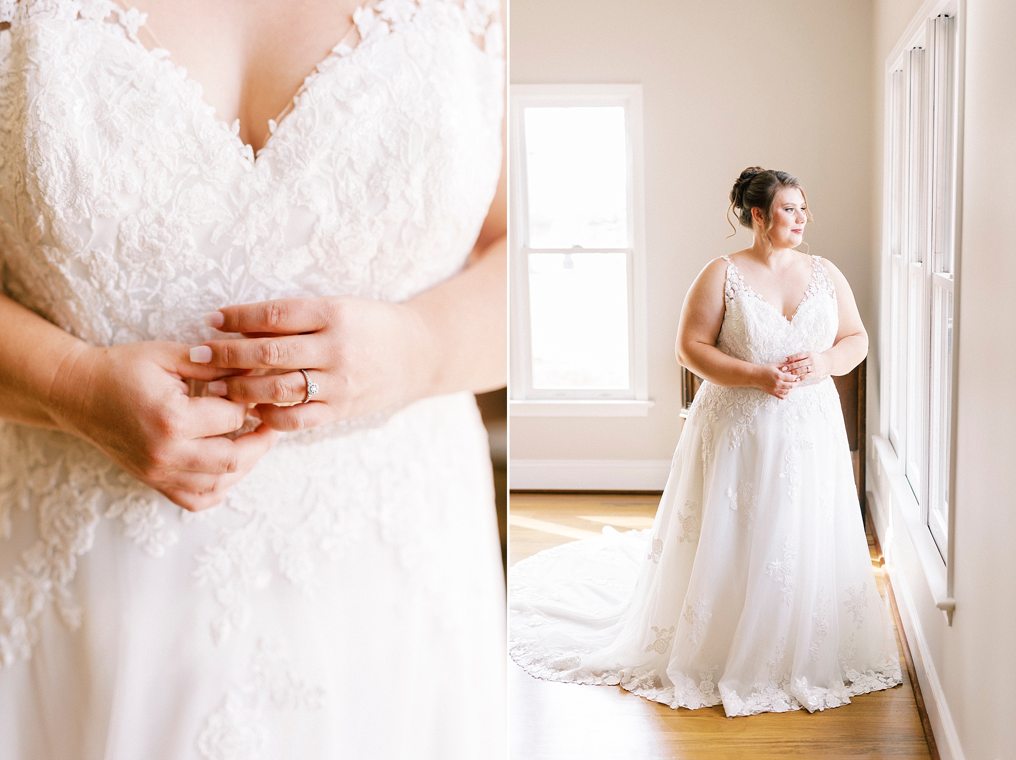 bride poses in window of suite at the Farm at Brusharbor