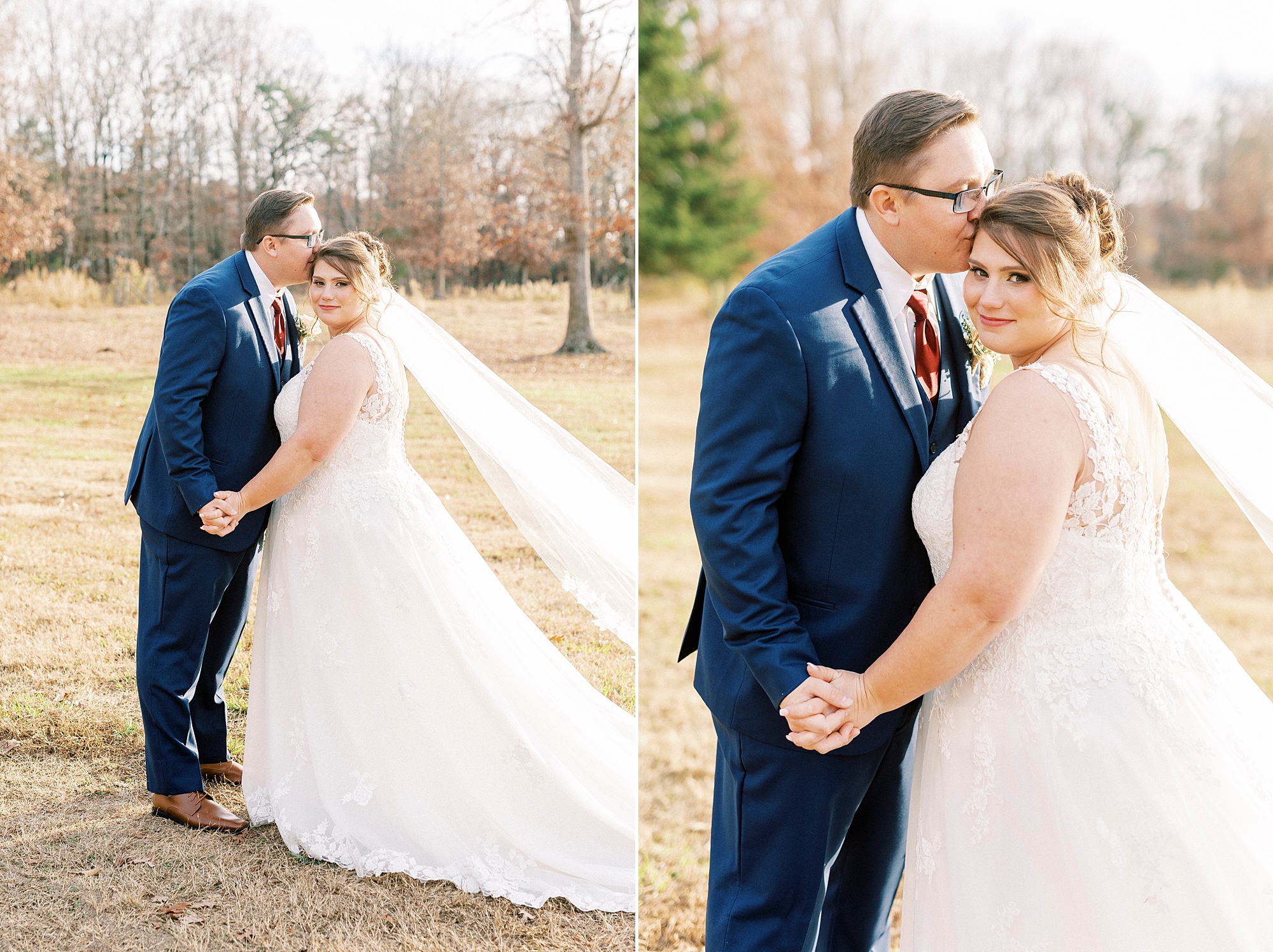 bride and groom hug while groom kisses bride's forehead during fall wedding portraits 