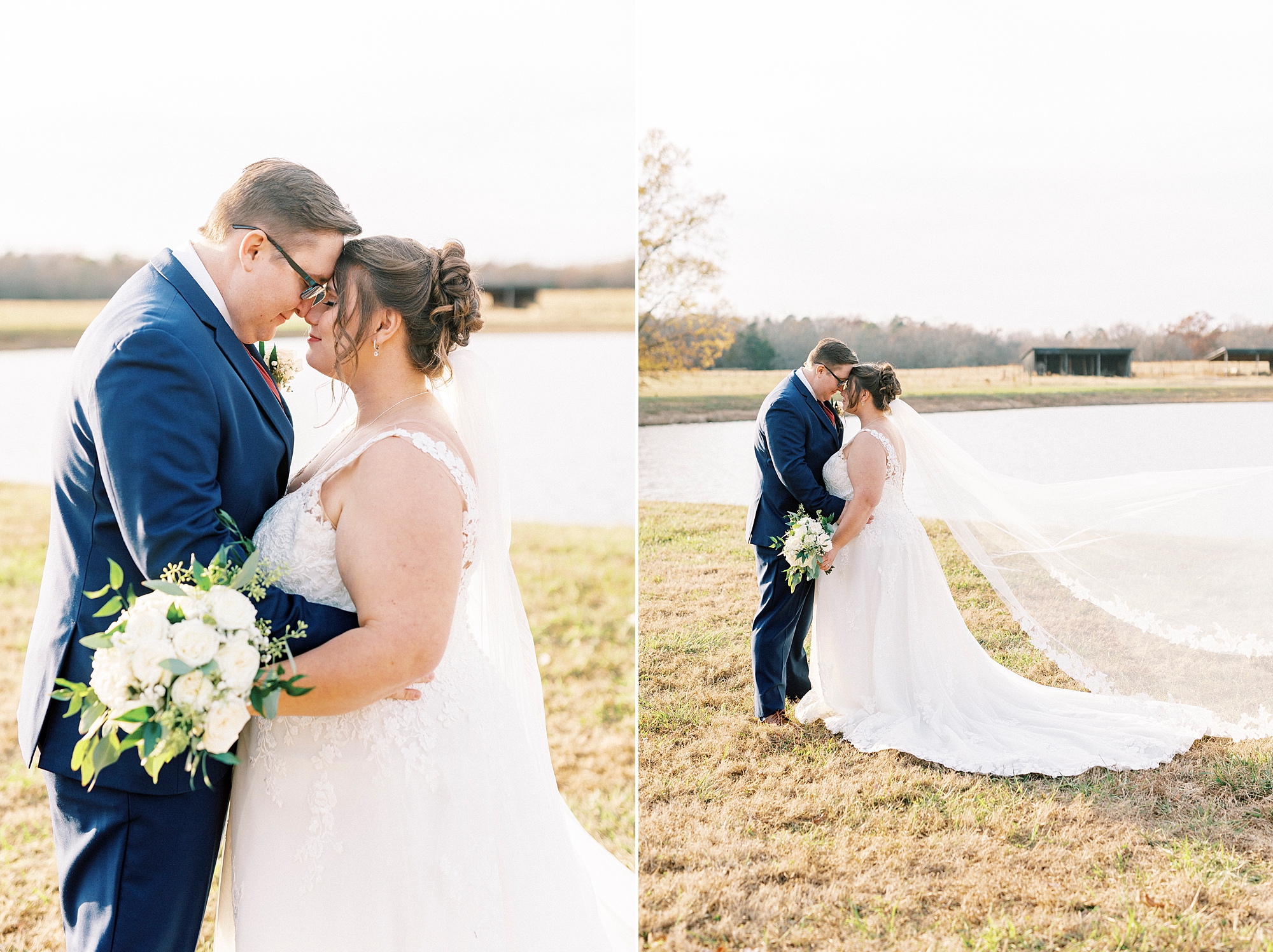 newlyweds lean heads together during portraits near pond at the Farm at Brusharbor