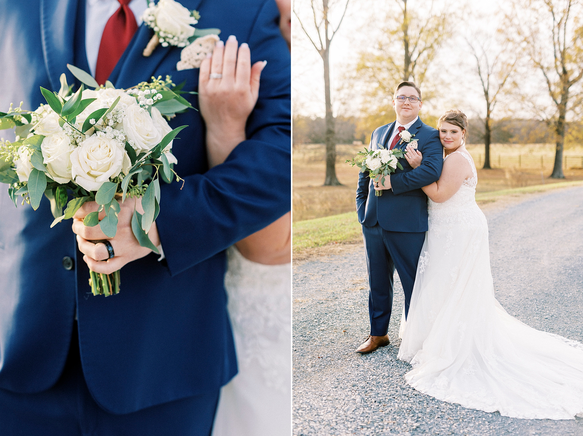 bride hugs groom and places arm on his chest showing off rings