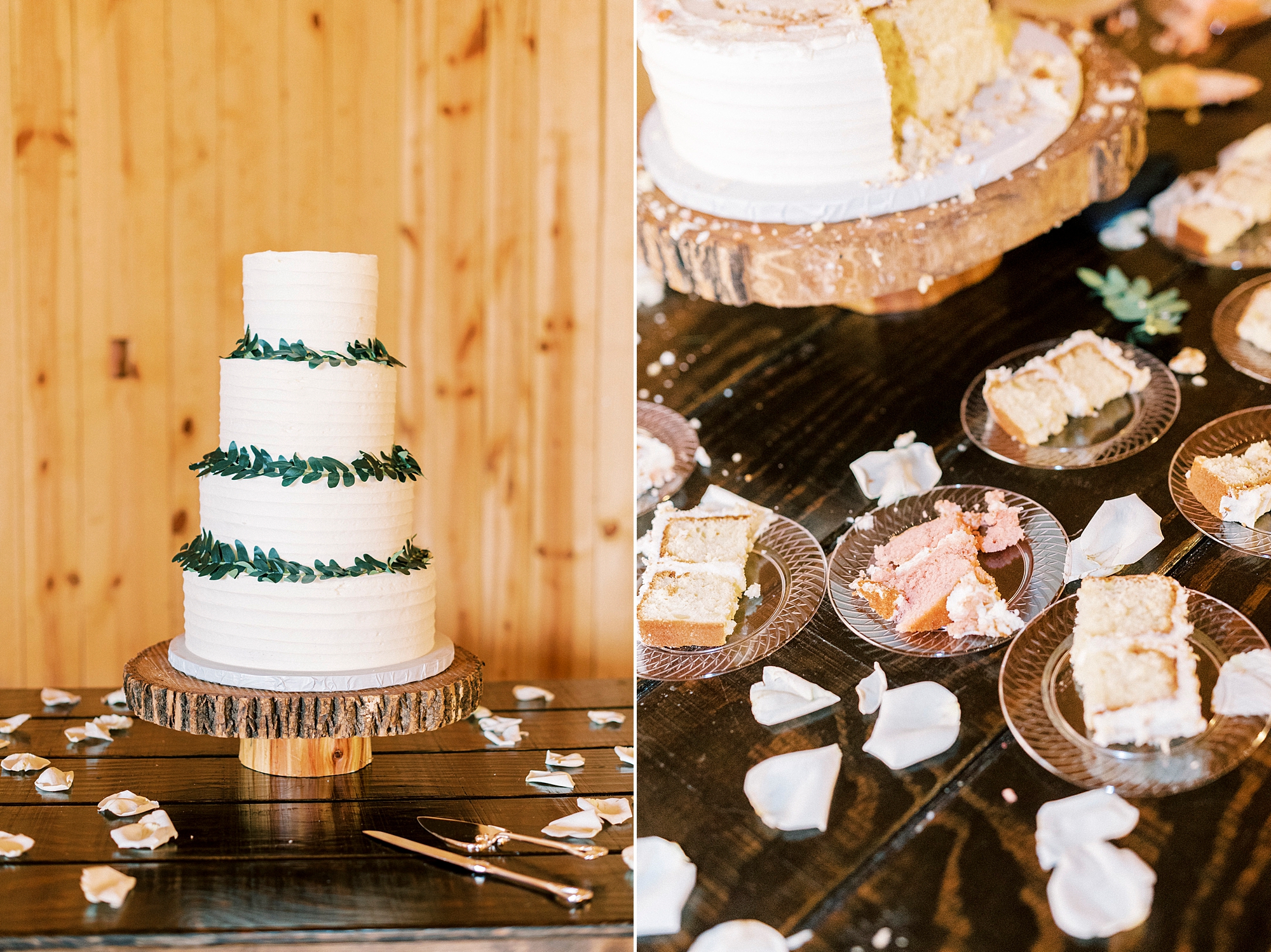tiered wedding cake sits on stand with slices below 
