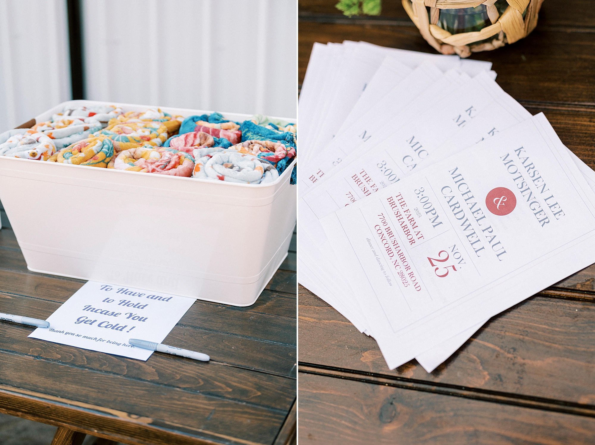 ceremony programs and shawls for fall wedding in Concord NC