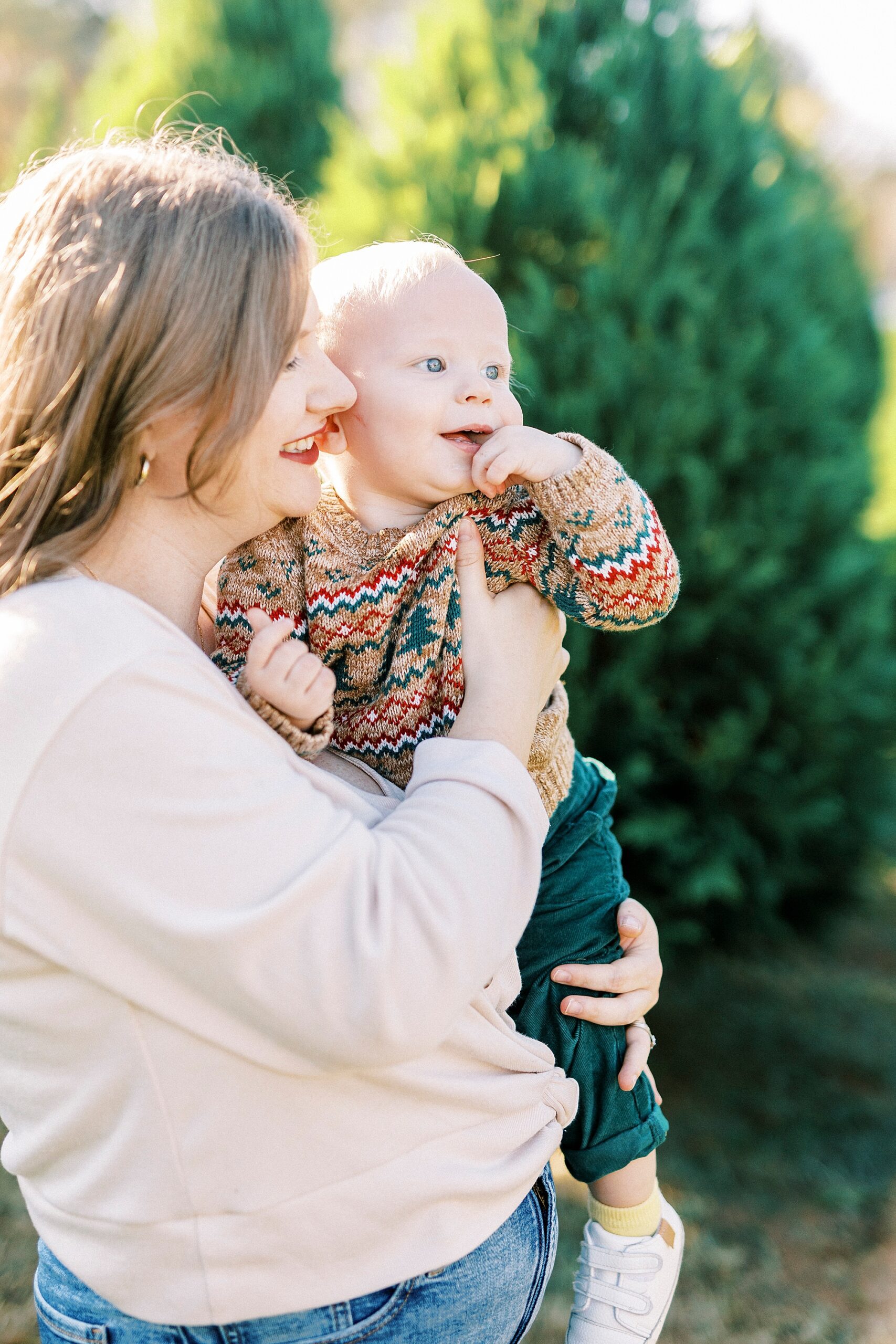 mom stands with toddler on hip during Penland Christmas Tree farm mini sessions 
