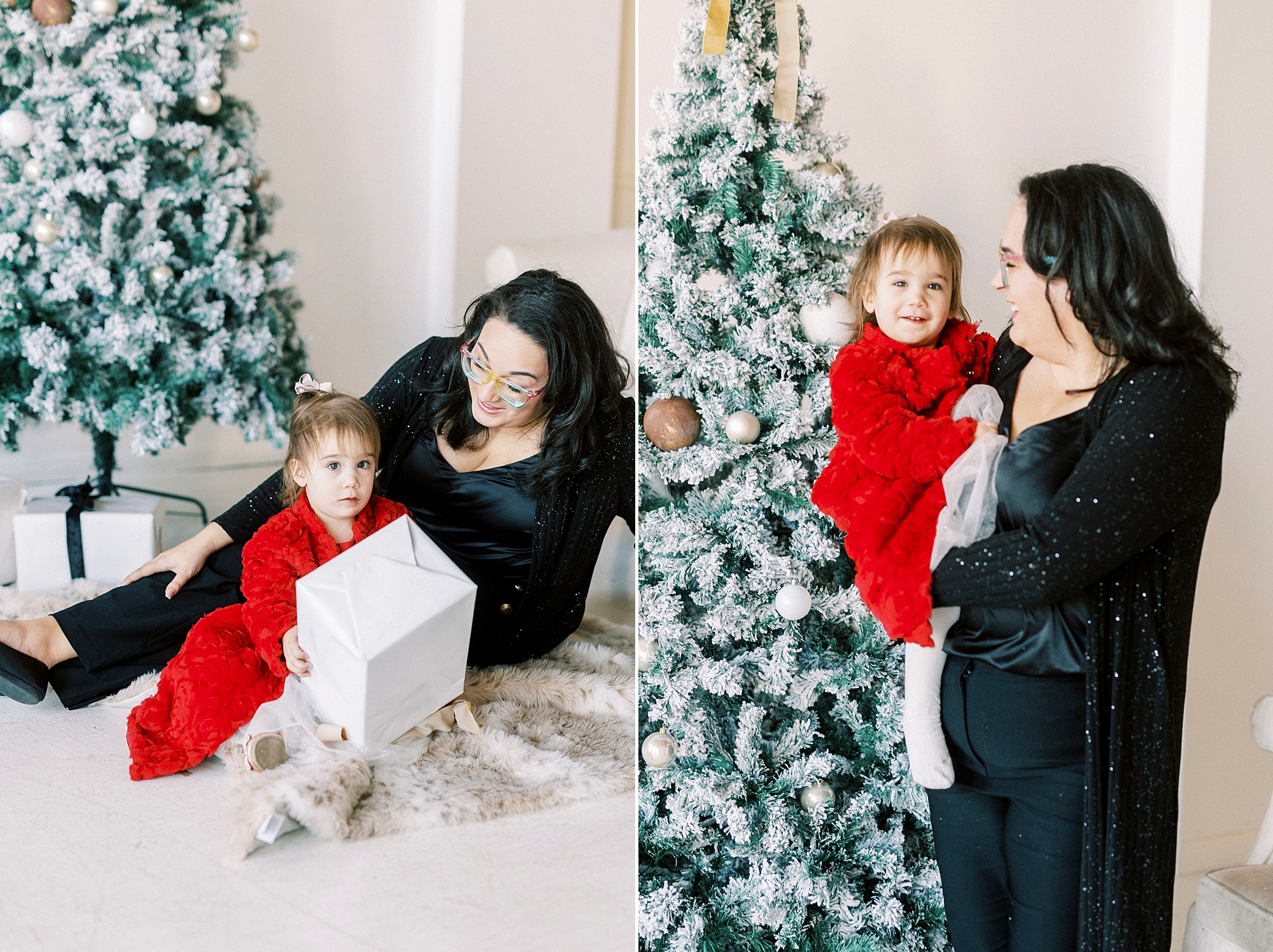 mom looks down at daughter during Christmas portraits in Downtown Concord studio