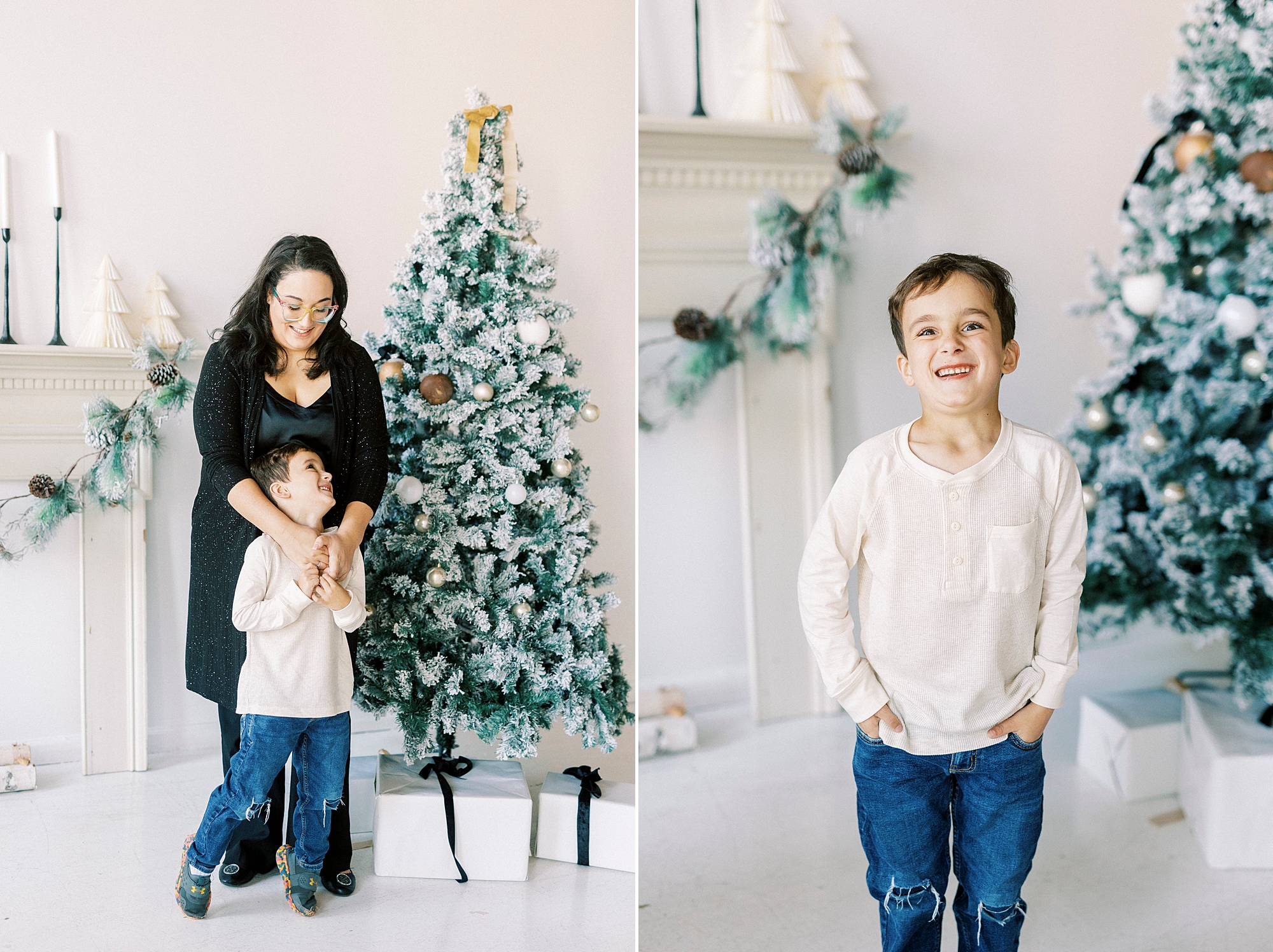 dad plays with mom in front of Christmas