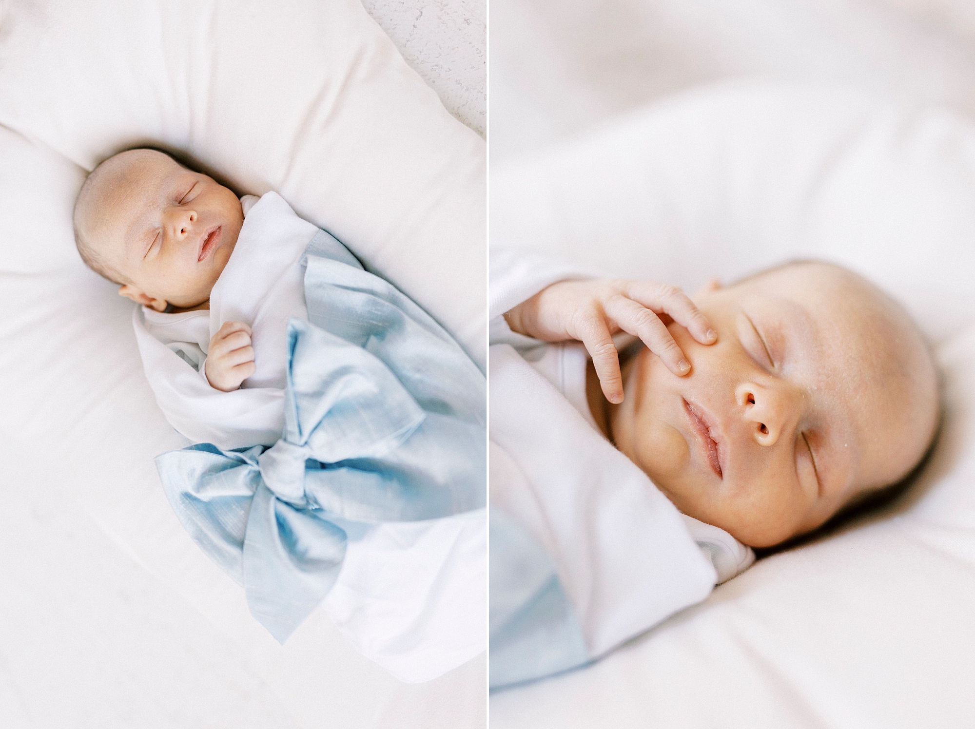baby boy lays in blue blanket on white pillow during newborn photos