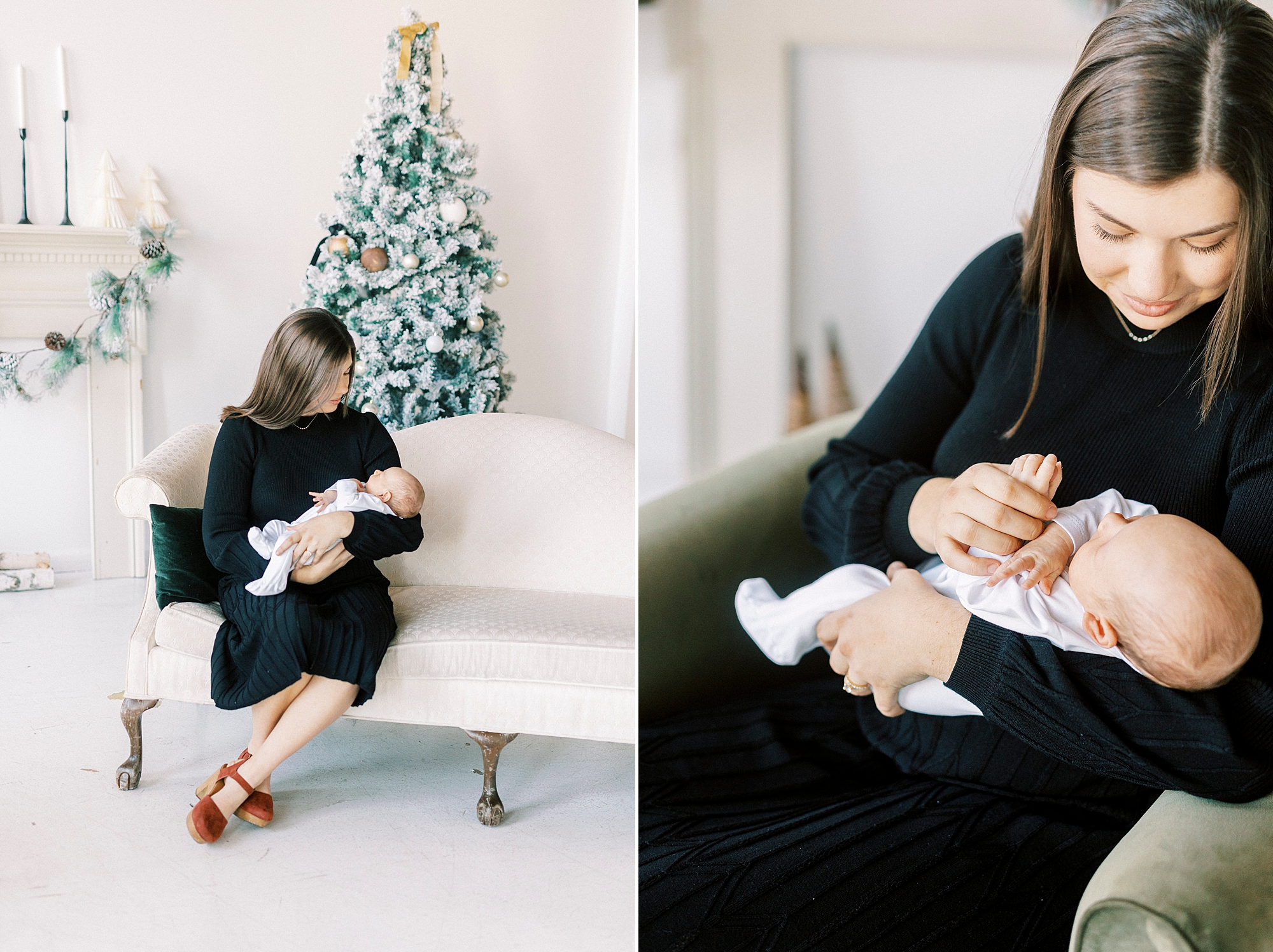mom in black dress snuggles with newborn baby during studio portraits in Concord NC