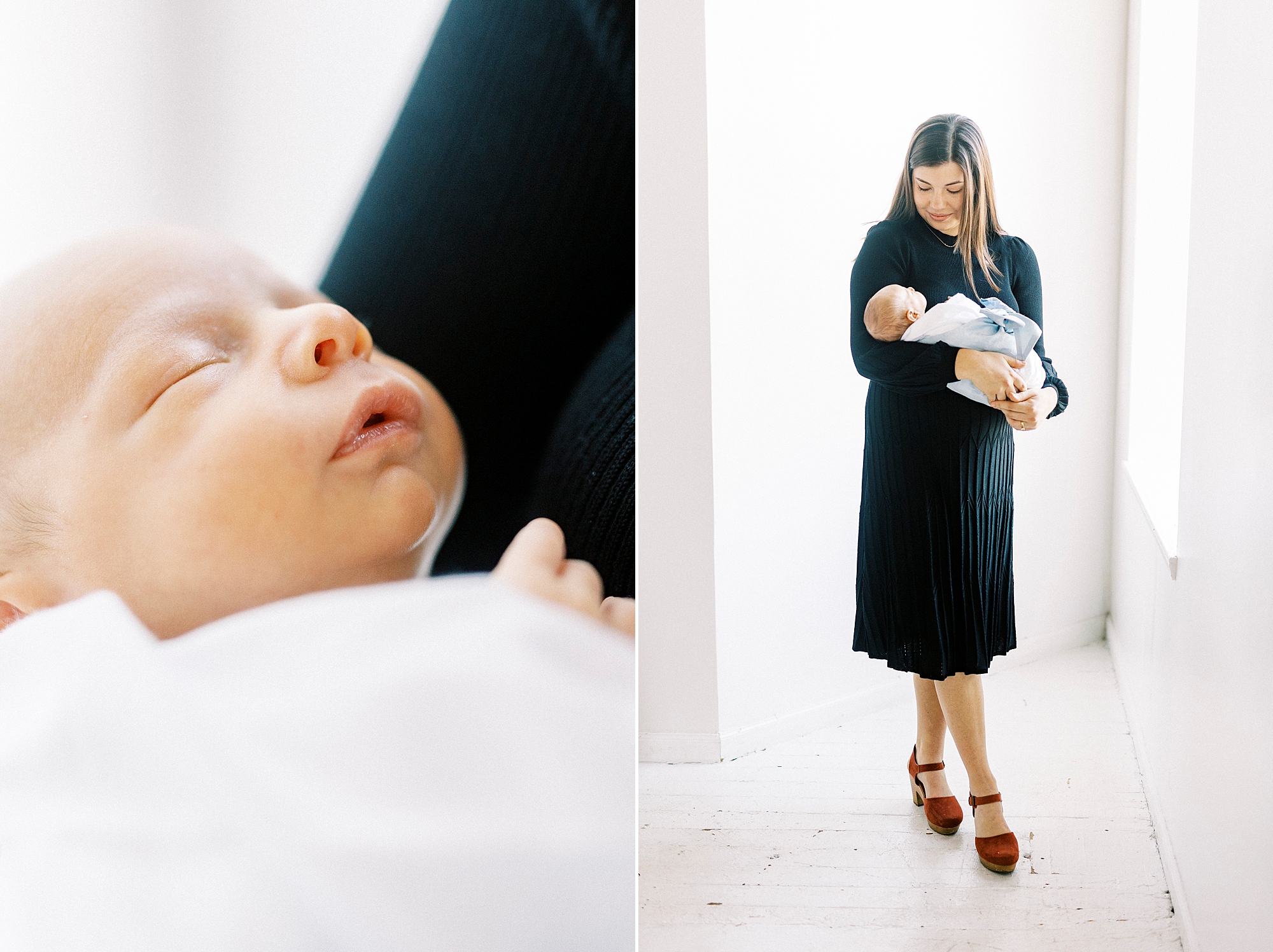 mom holds baby boy in white blanket during studio portraits in Concord NC
