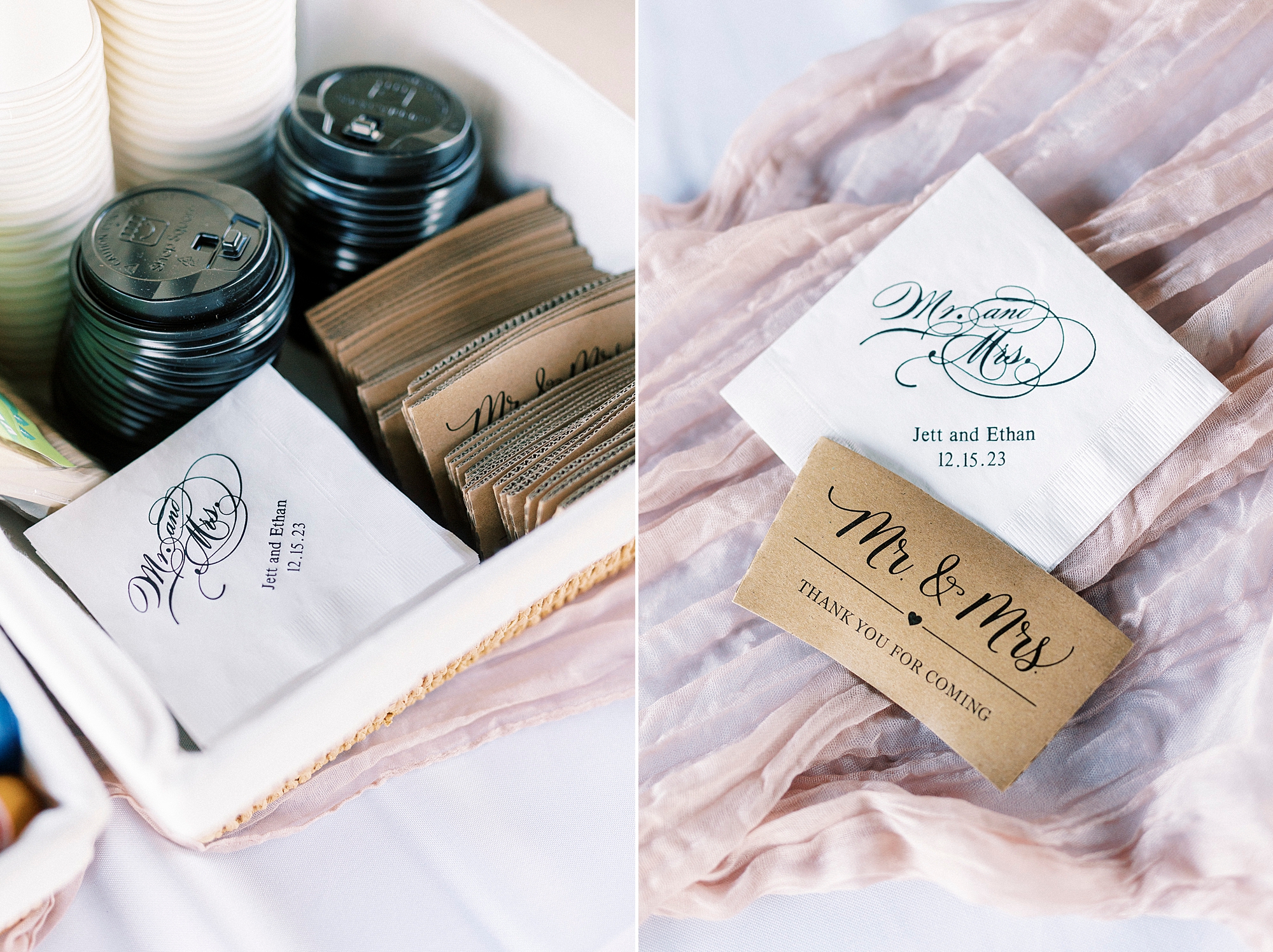 coffee cups and custom tan koozies for morning wedding on Morrow Mountain