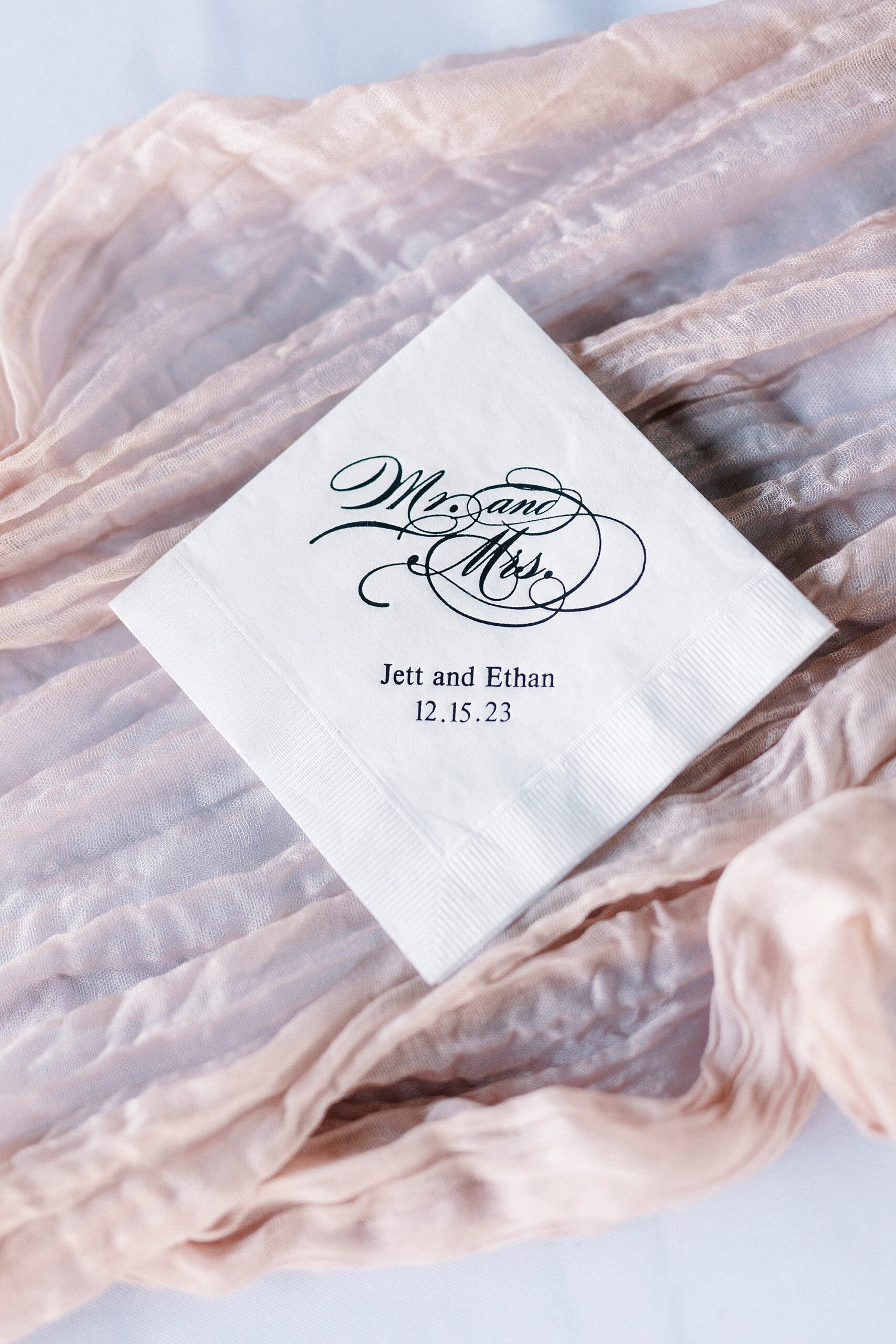 custom napkin with embossing for winter wedding at Morrow Mountain