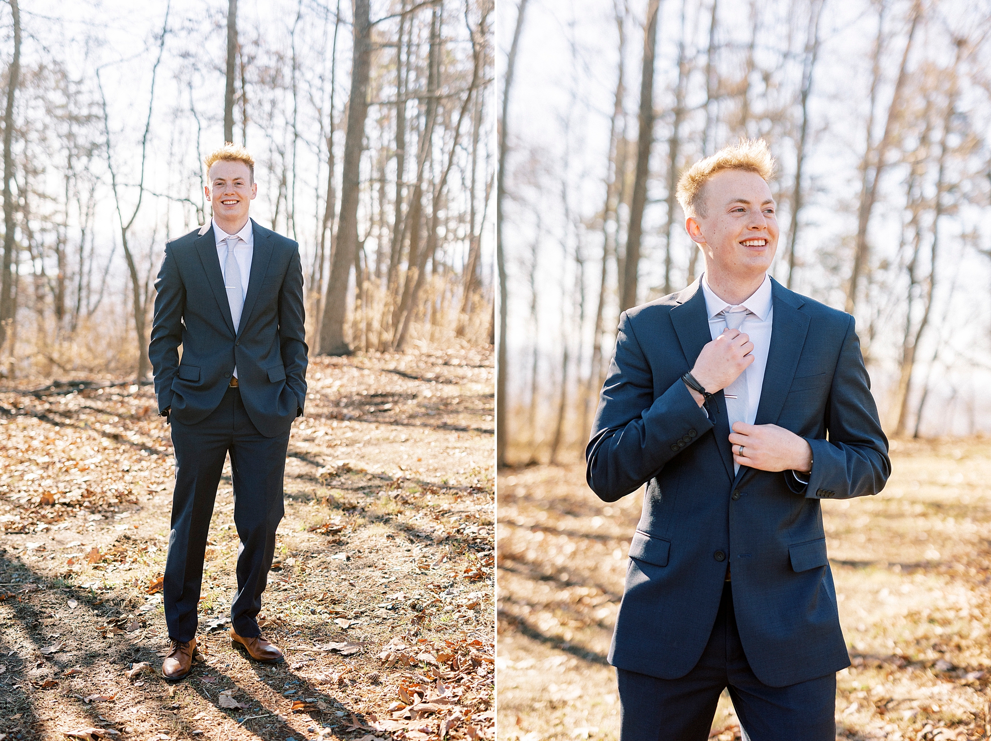 groom adjusts tie in navy suit on side of Morrow Mountain