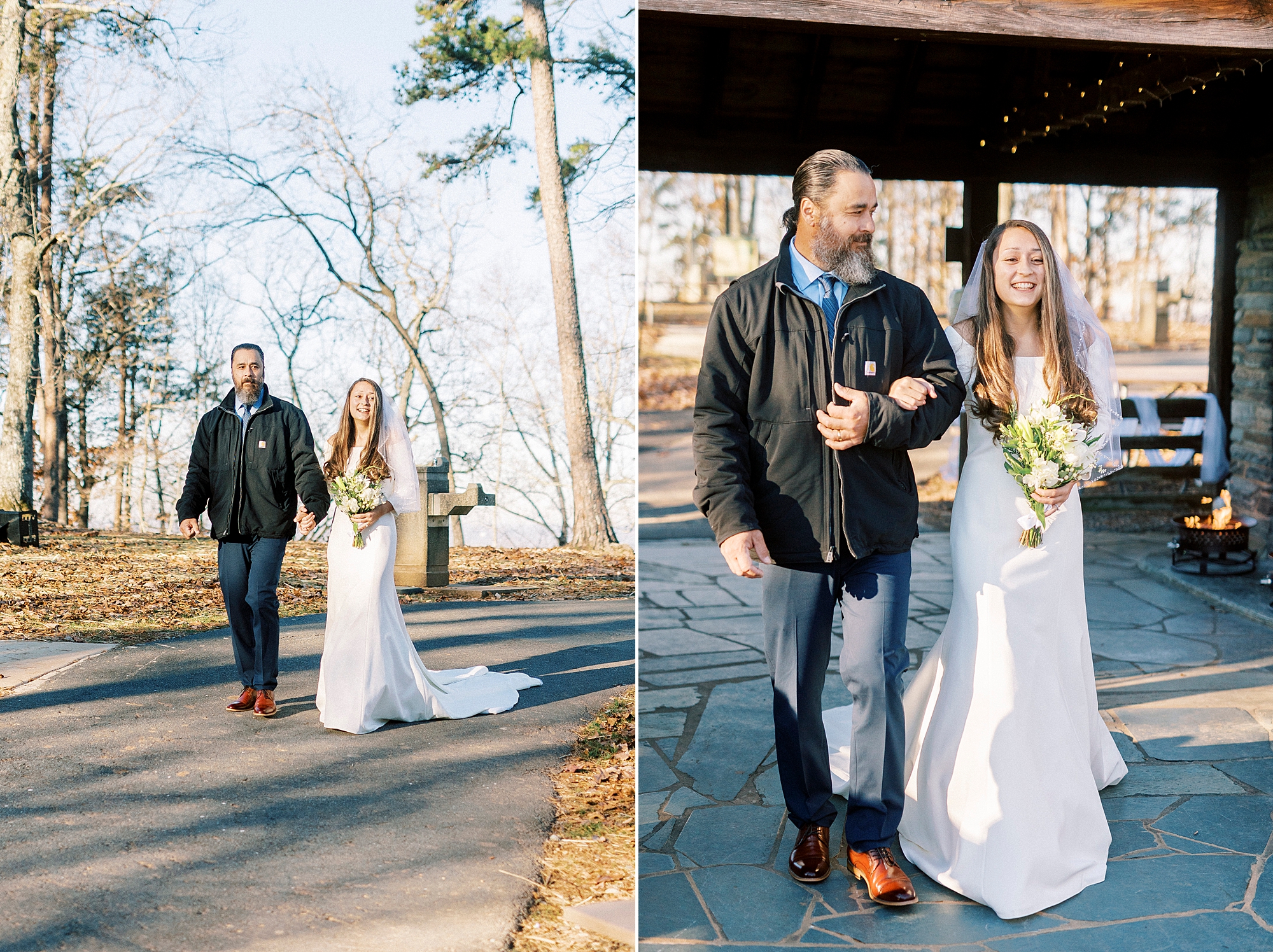 bride and father enter early morning wedding ceremony on Morrow Mountain