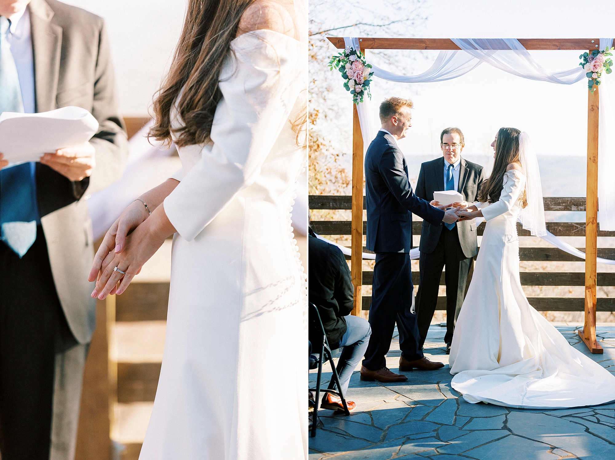 newlyweds exchange vows during early morning wedding ceremony on Morrow Mountain