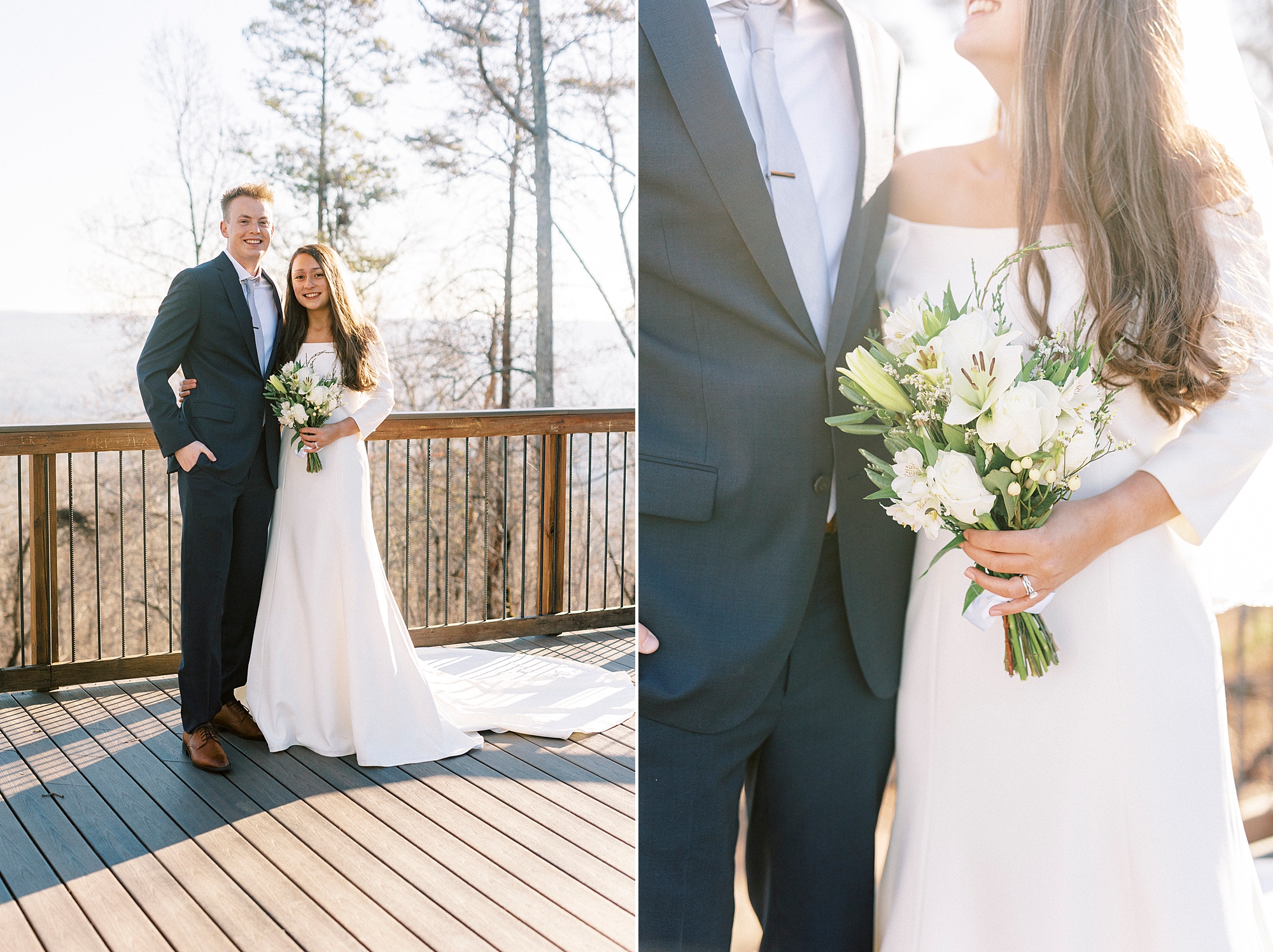 groom hugs bride in off-the-shoulder wedding gown