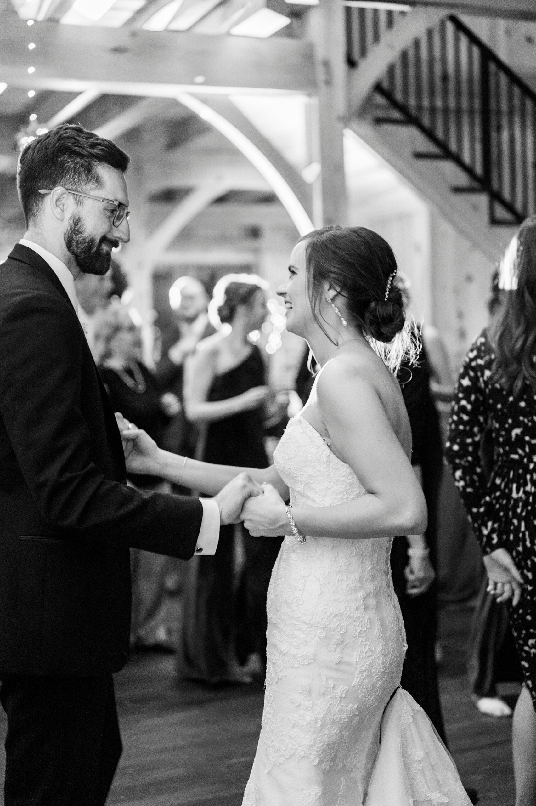 bride and groom dance during wedding reception at Chickadee Hill Farms