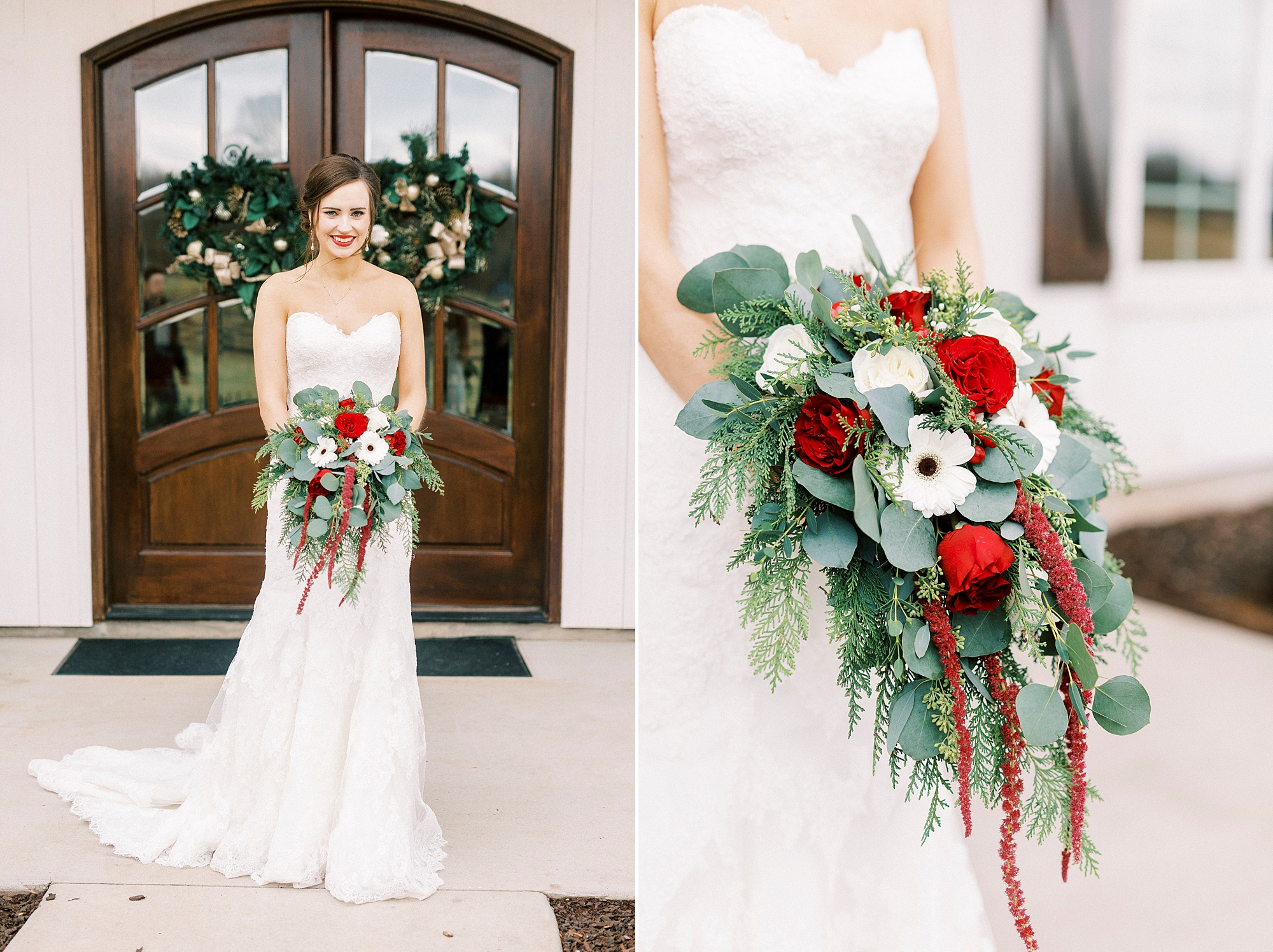 bride holds bouquet of red and white flowers with cascading red flowers in strapless gown at Chickadee Hill Farms