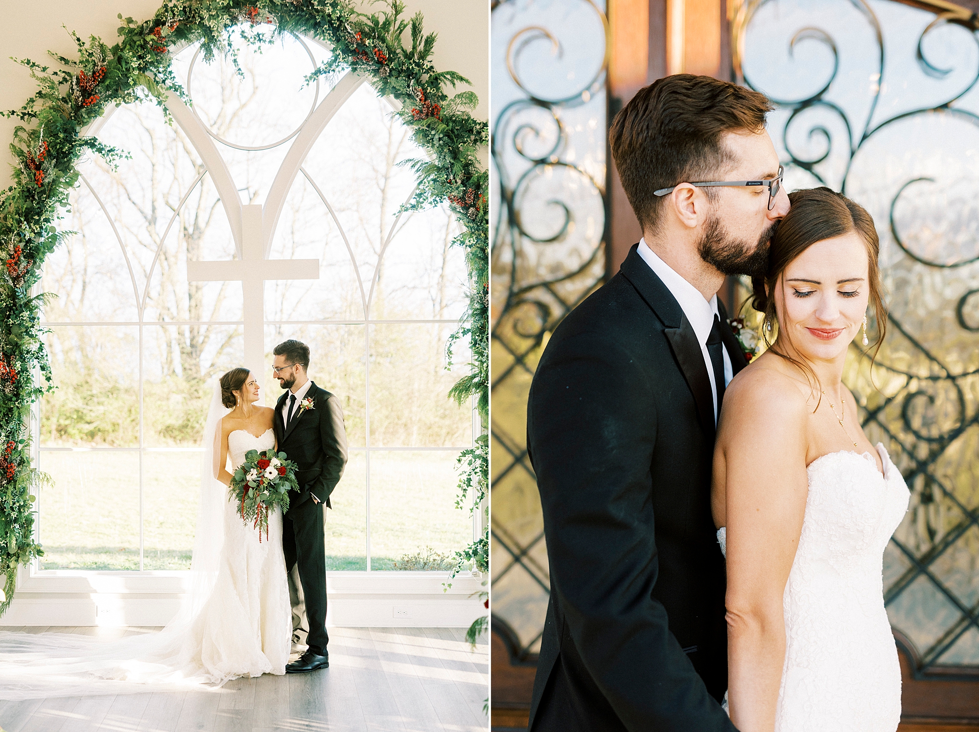 groom kisses bride's head in front of window of chapel at Chickadee Hill Farms
