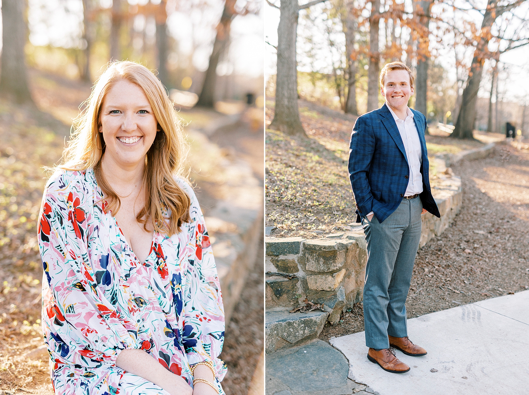 woman in white floral dress sits on wall and groom stands with navy suit jacket