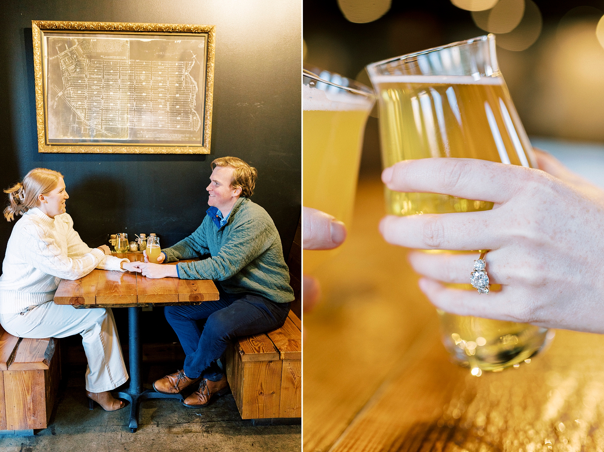 couple tips beer glasses together at Legion Brewing in Charlotte NC