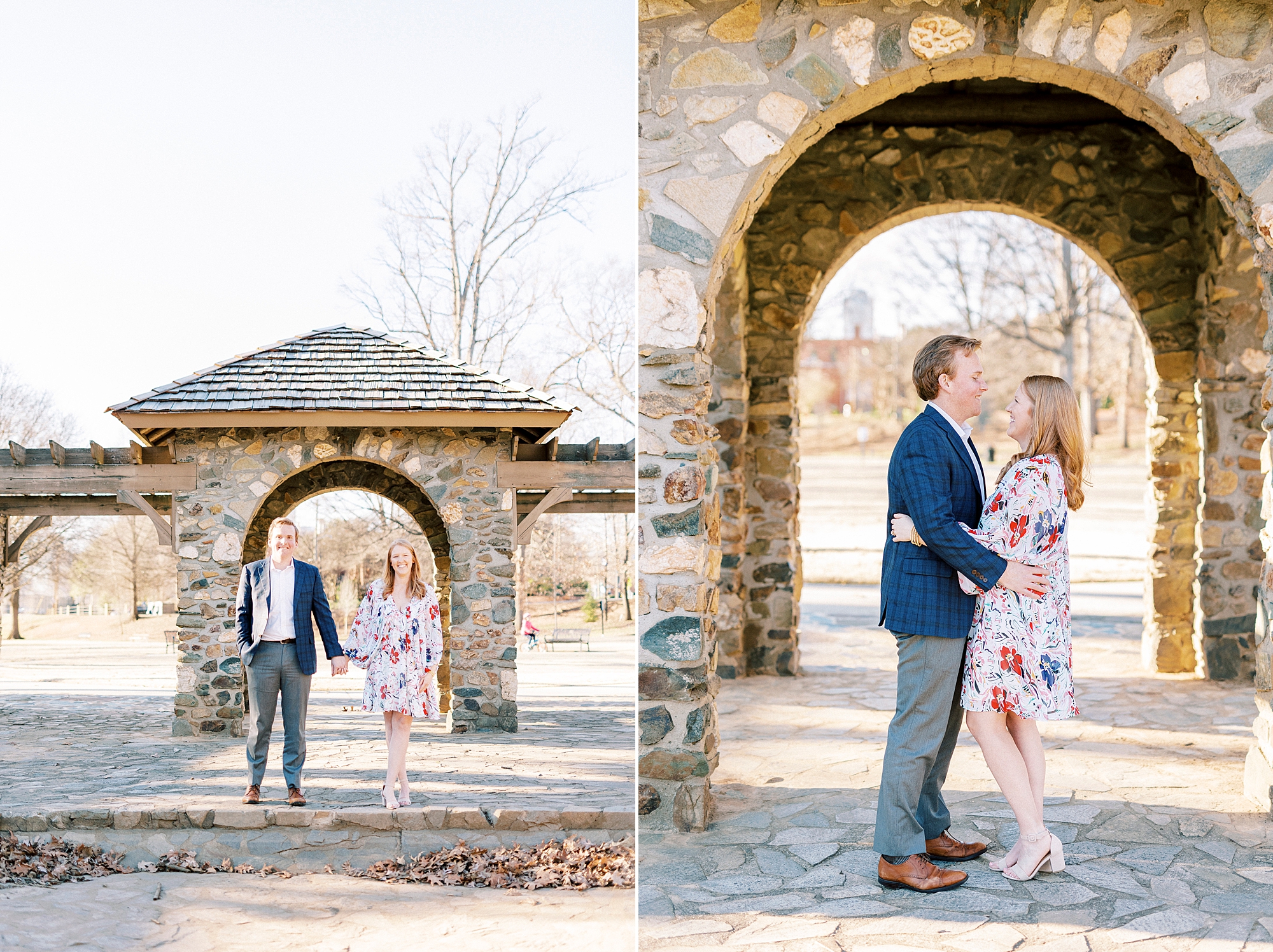 engaged couple hugs under arbor at Independence Park