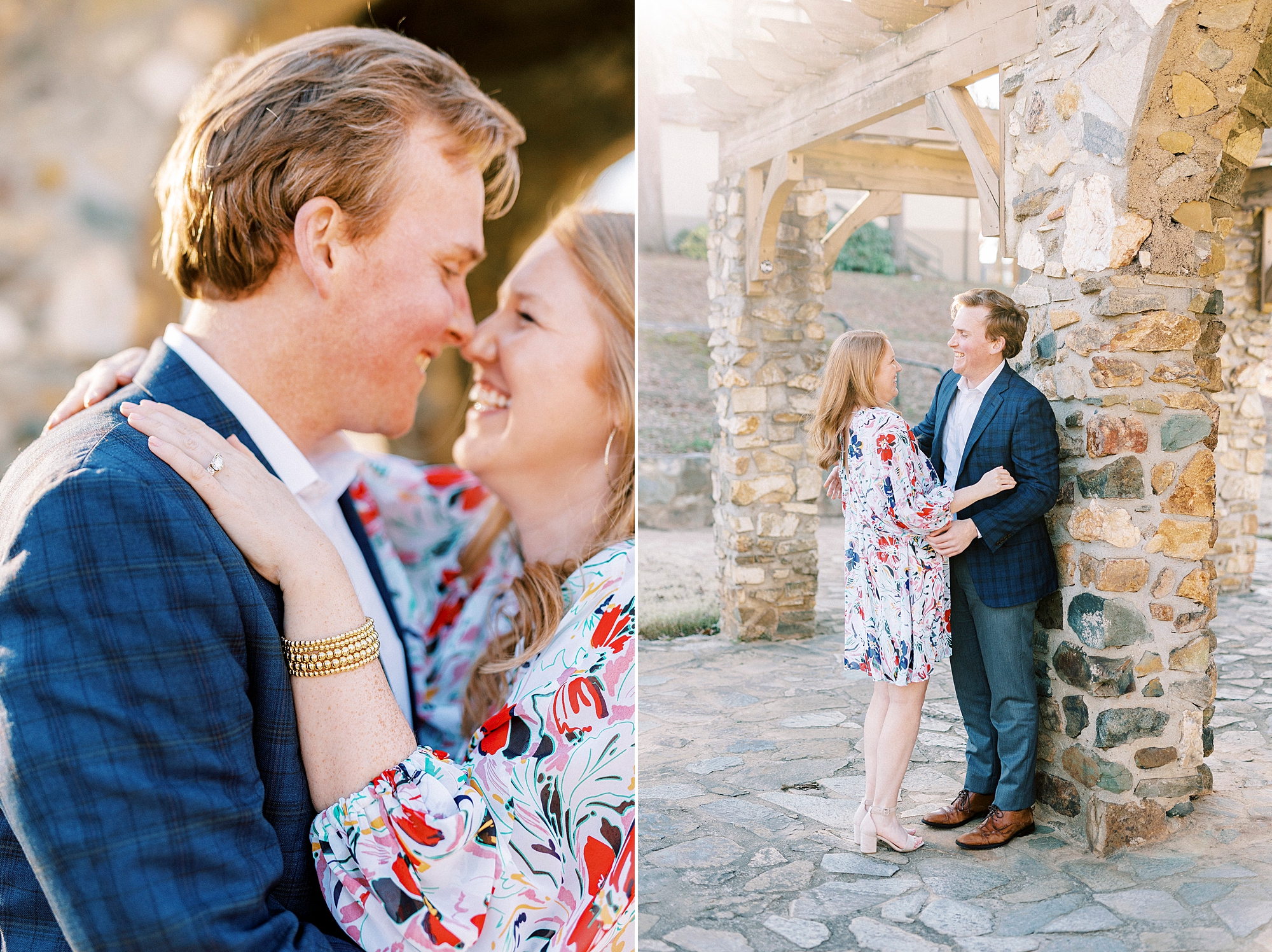 couple hugs leaning on stone arbor at Independence Park