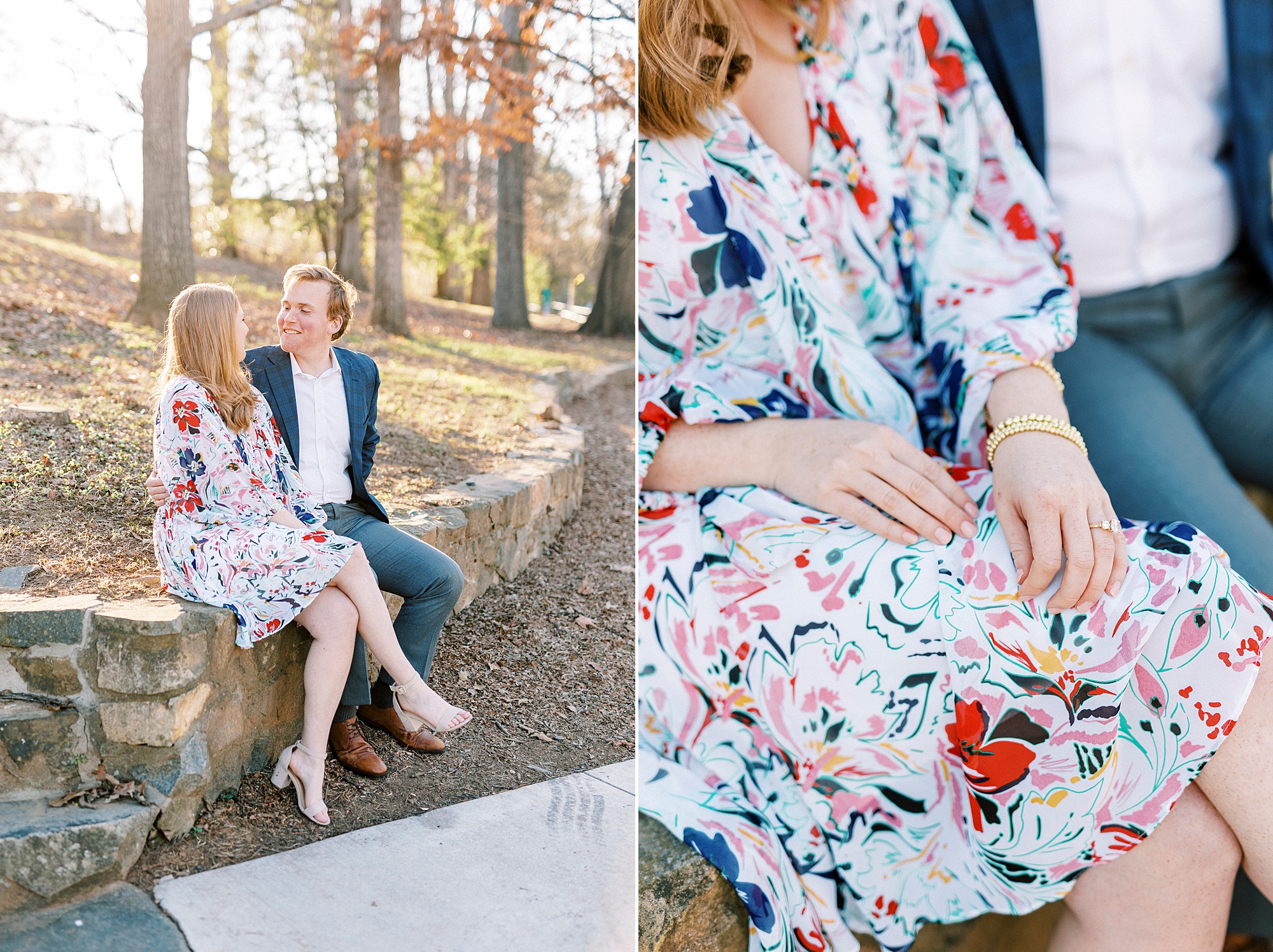 engaged couple sits on stone wall holding hands inside Charlotte NC park
