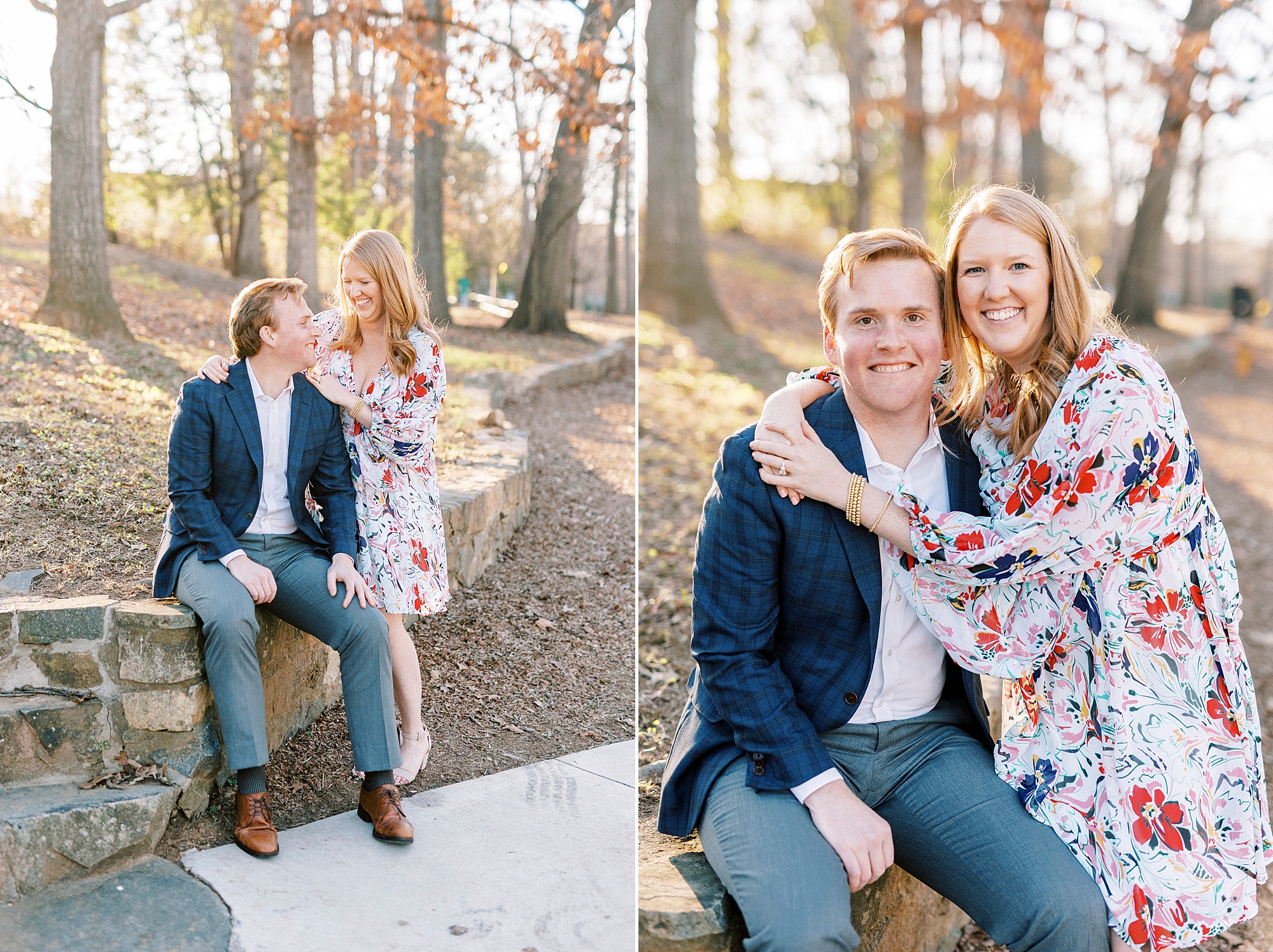 woman hugs man around neck leaning on stone wall inside Charlotte NC park