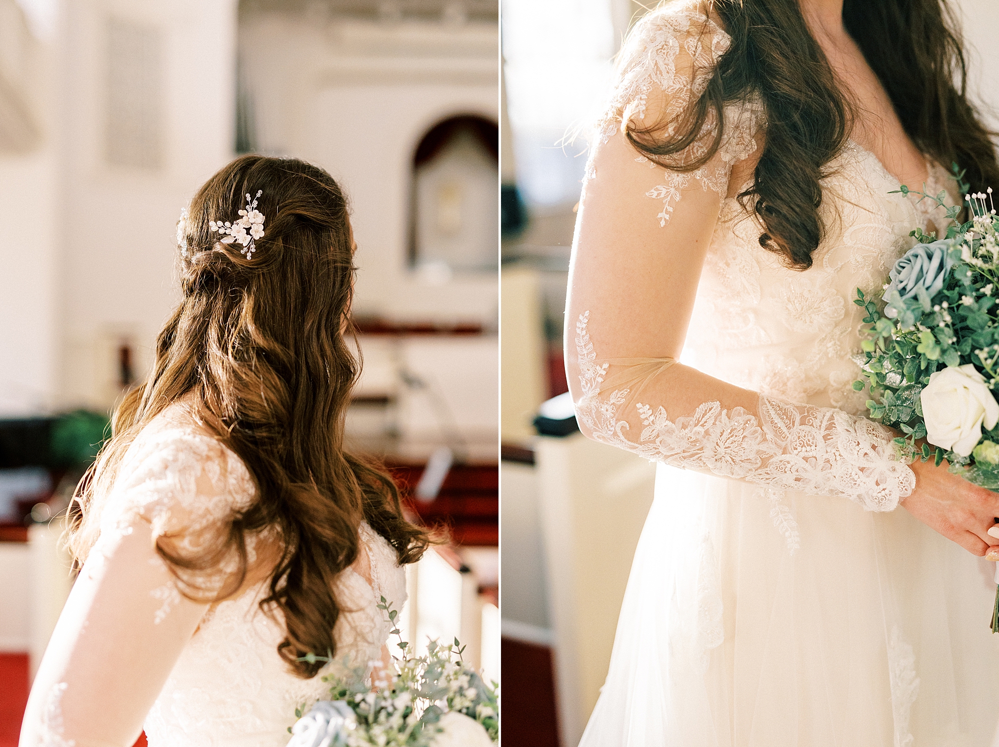 bride looks over shoulder in aisle of church at Downtown Kannapolis