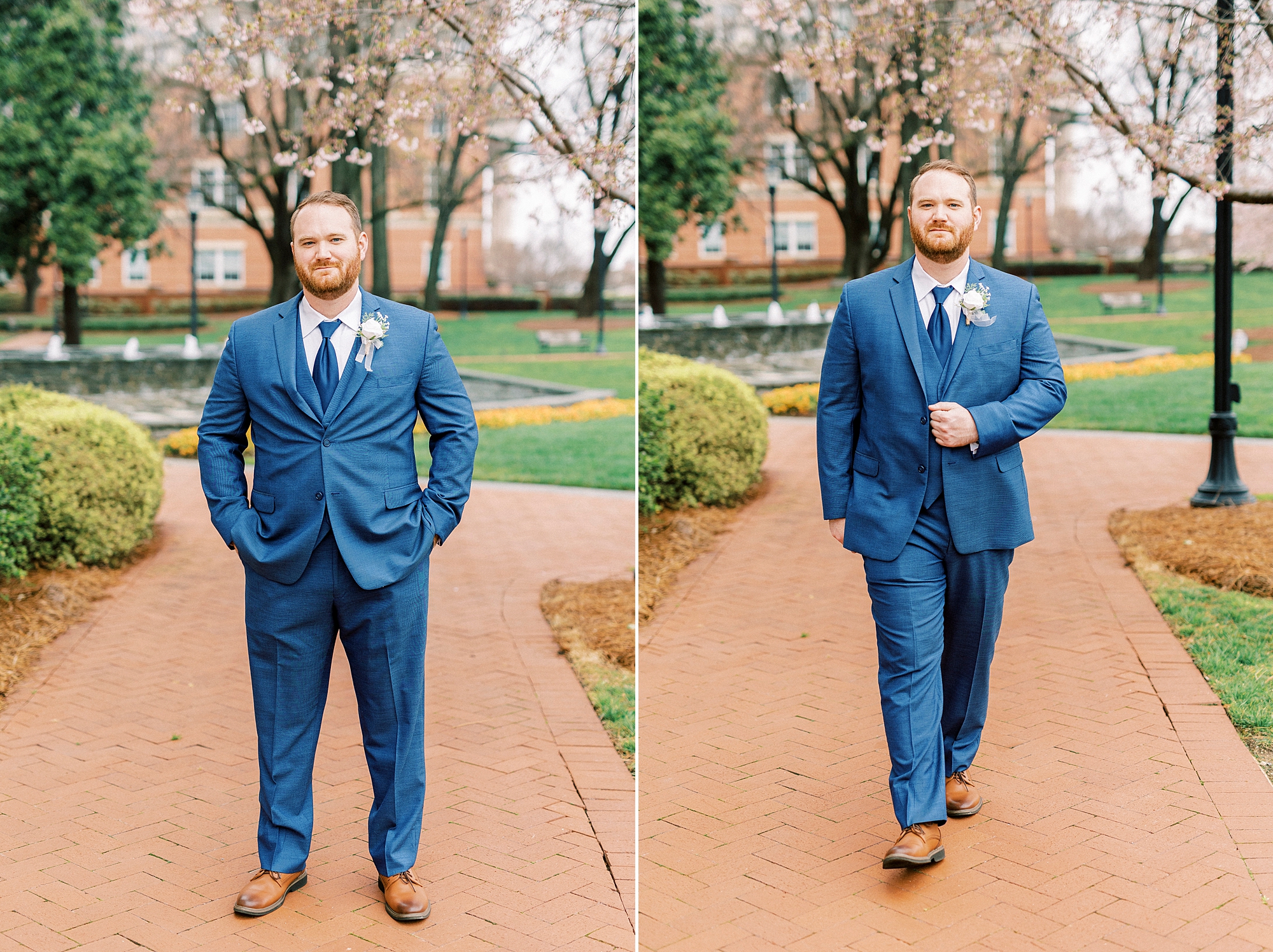 groom walks down brick walkway in Downtown Kannapolis in blue suit