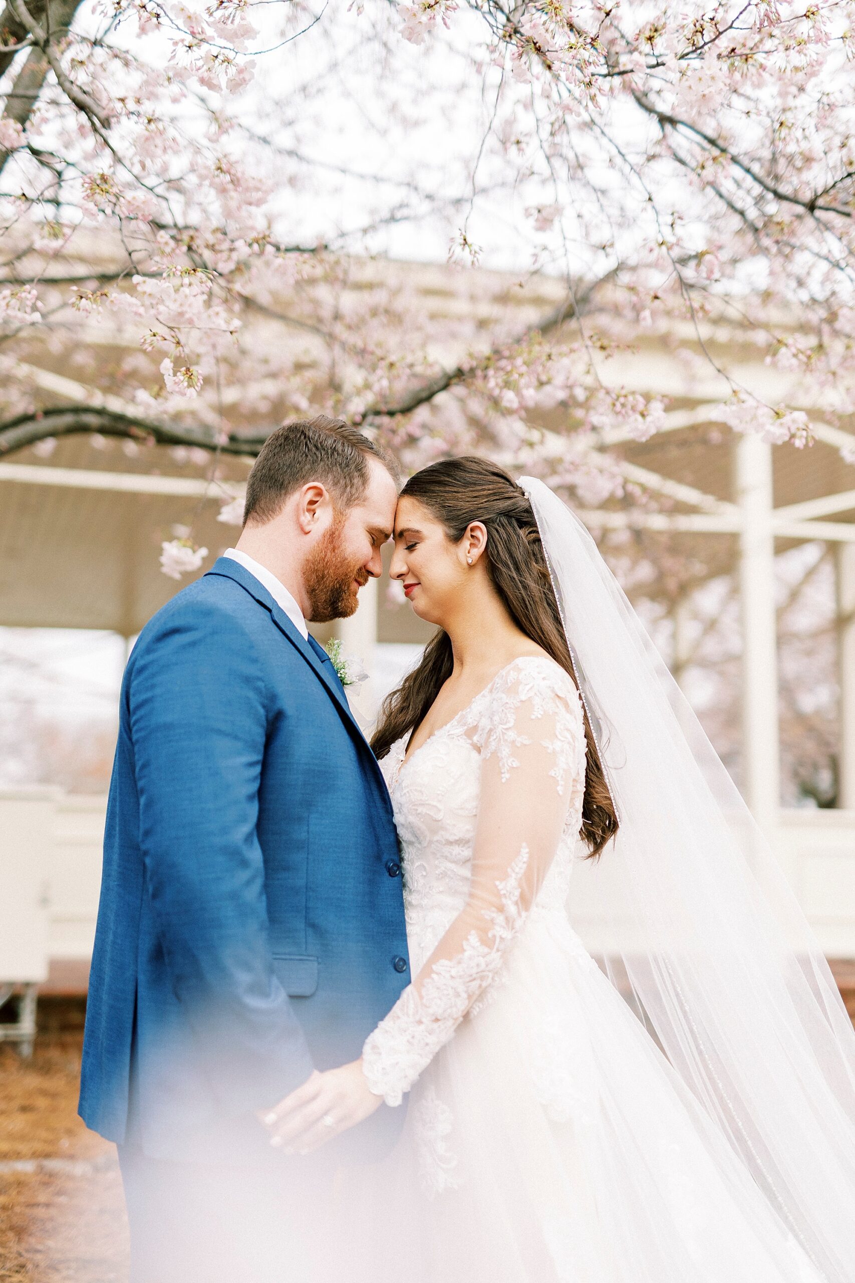 newlyweds hug under pink blossoms in downtown Kannapolis