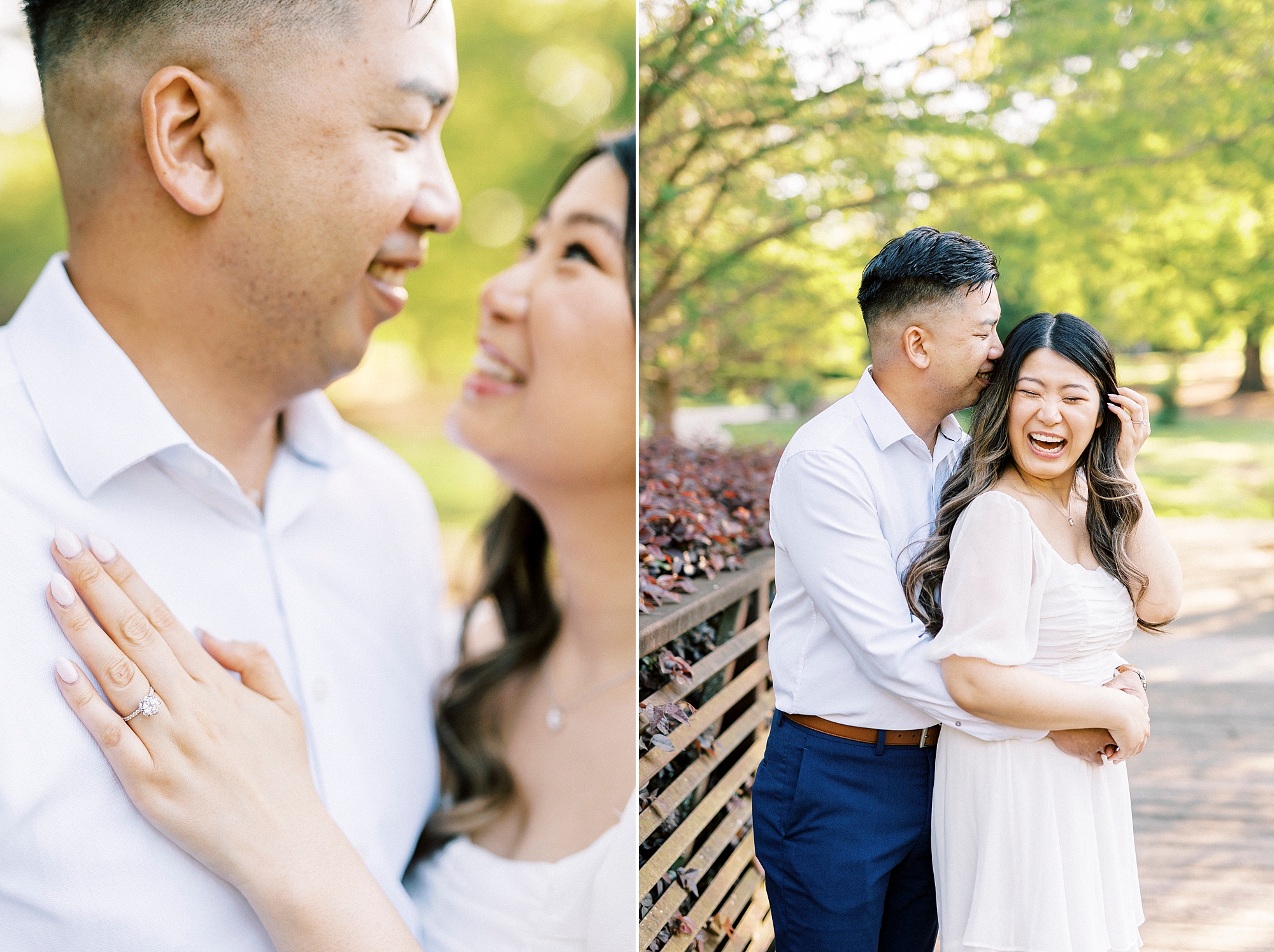 engaged couple laughs on bridge and smiles at each other 