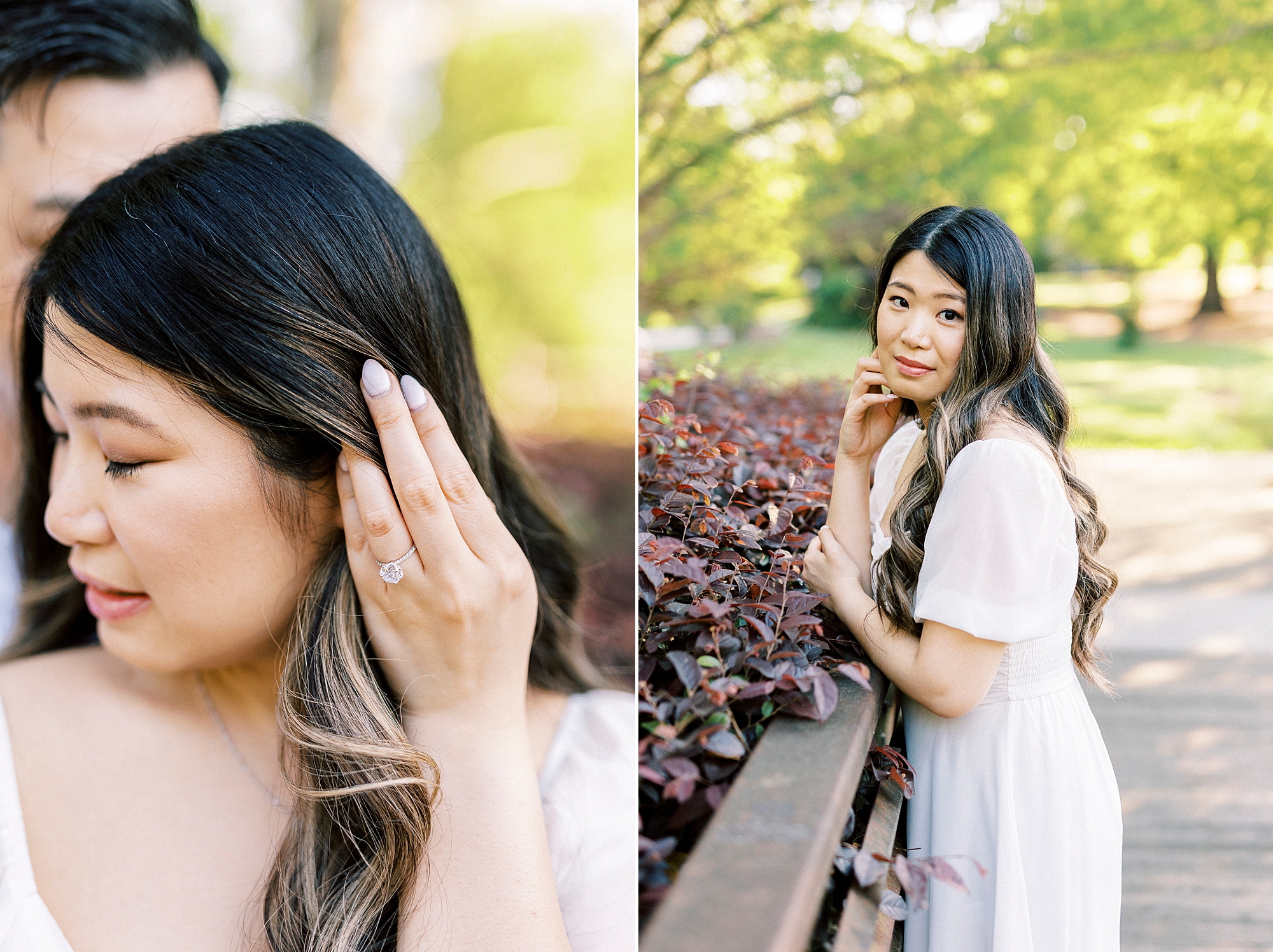 woman leans on bridge railing in white Dres showing off engagement ring 