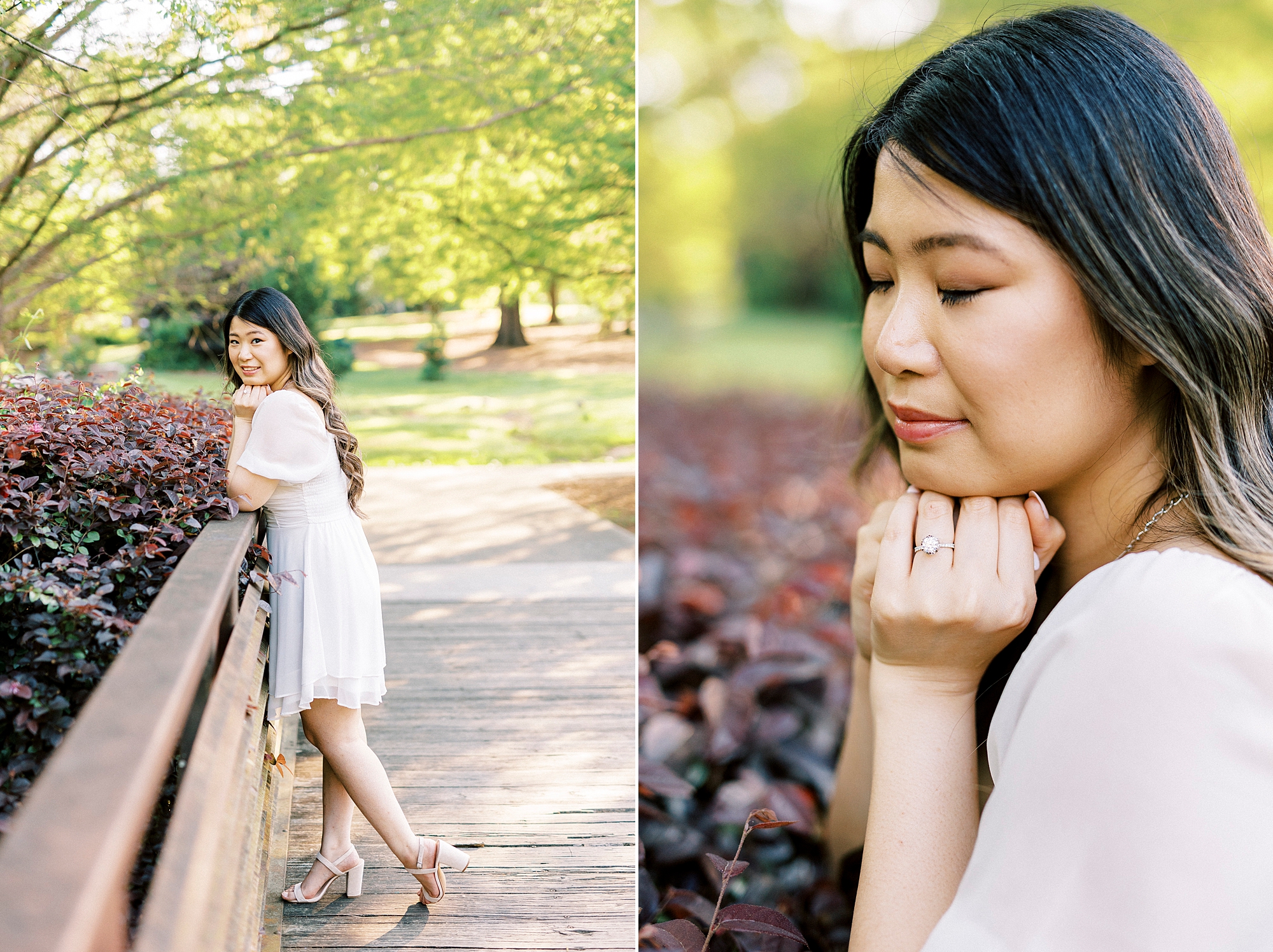 woman leans on fist showing off diamond ring 