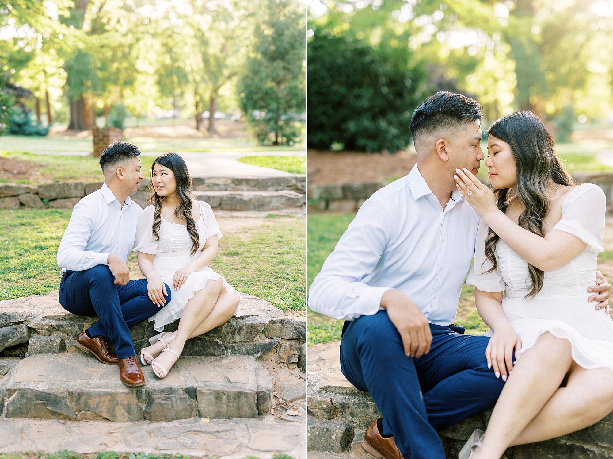 woman sits on stone staircase reaching to hold man's face at Glencairn Garden