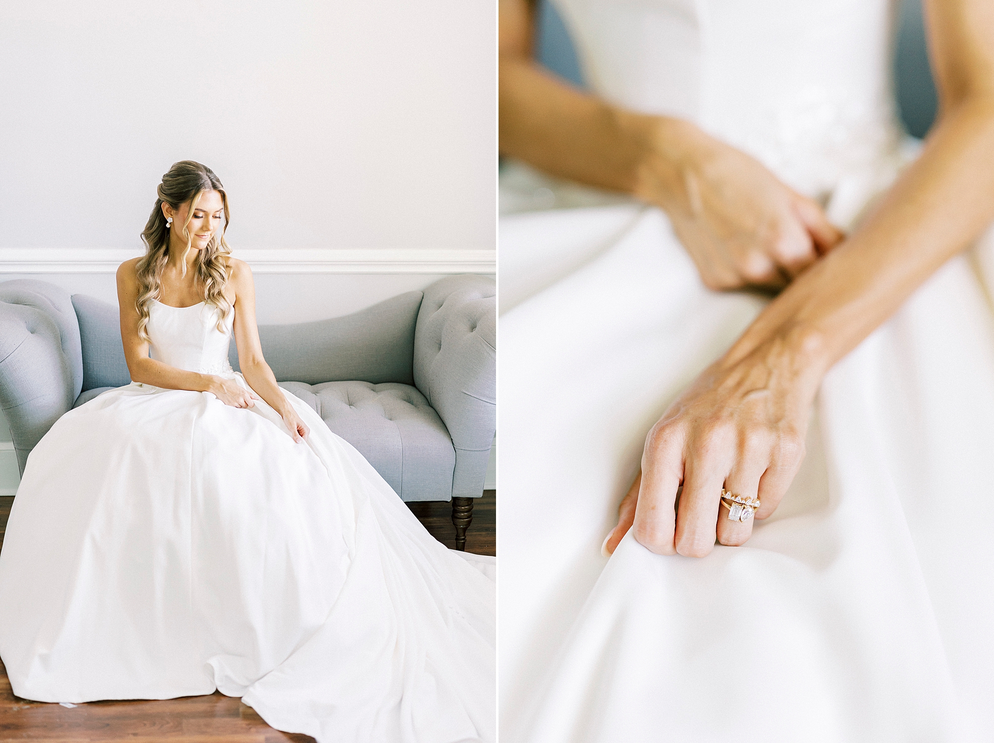 bride shows off engagement ring holding on skirt of wedding dress