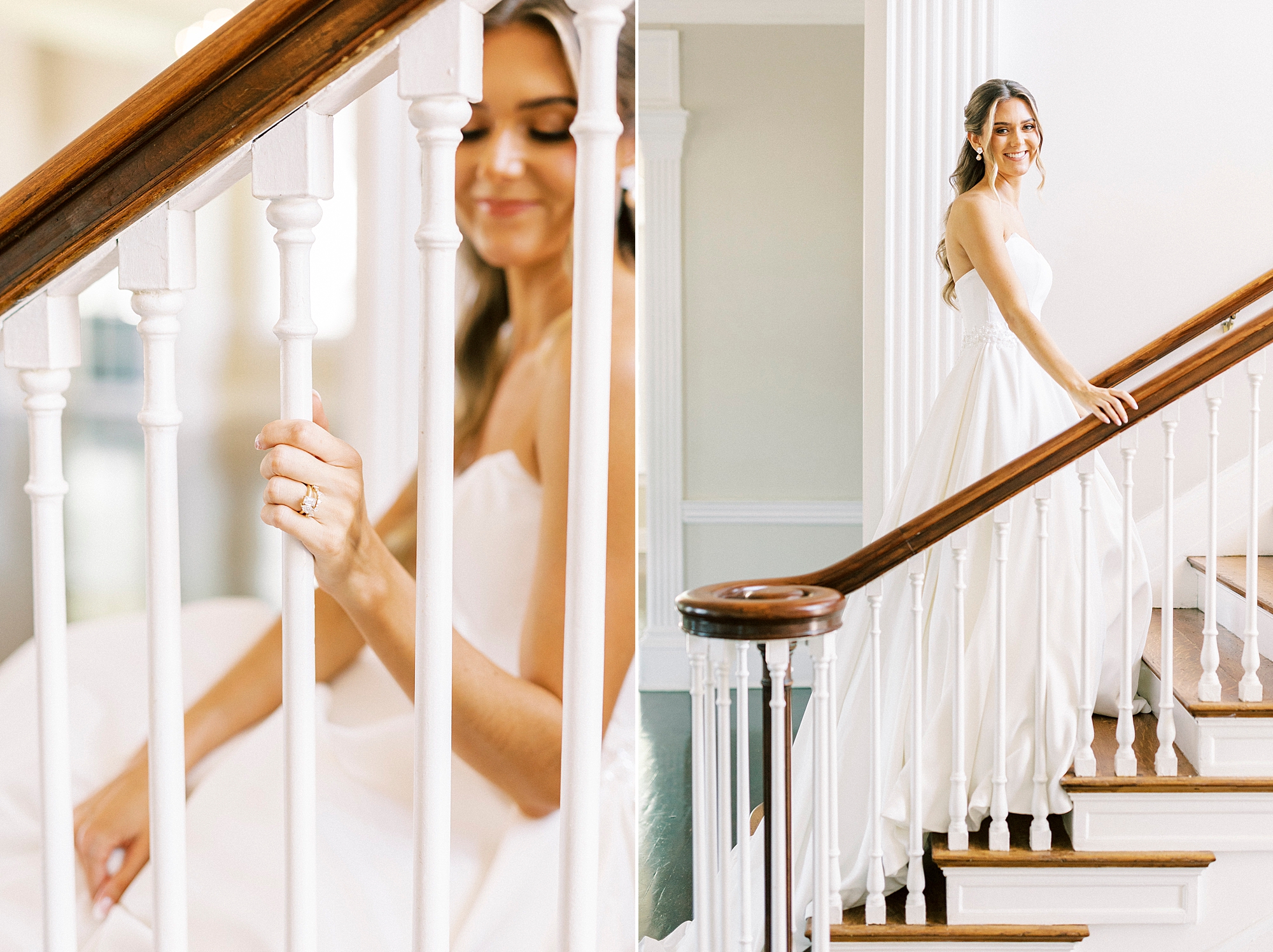 bride sits on steps holding railing smiling in wedding gown
