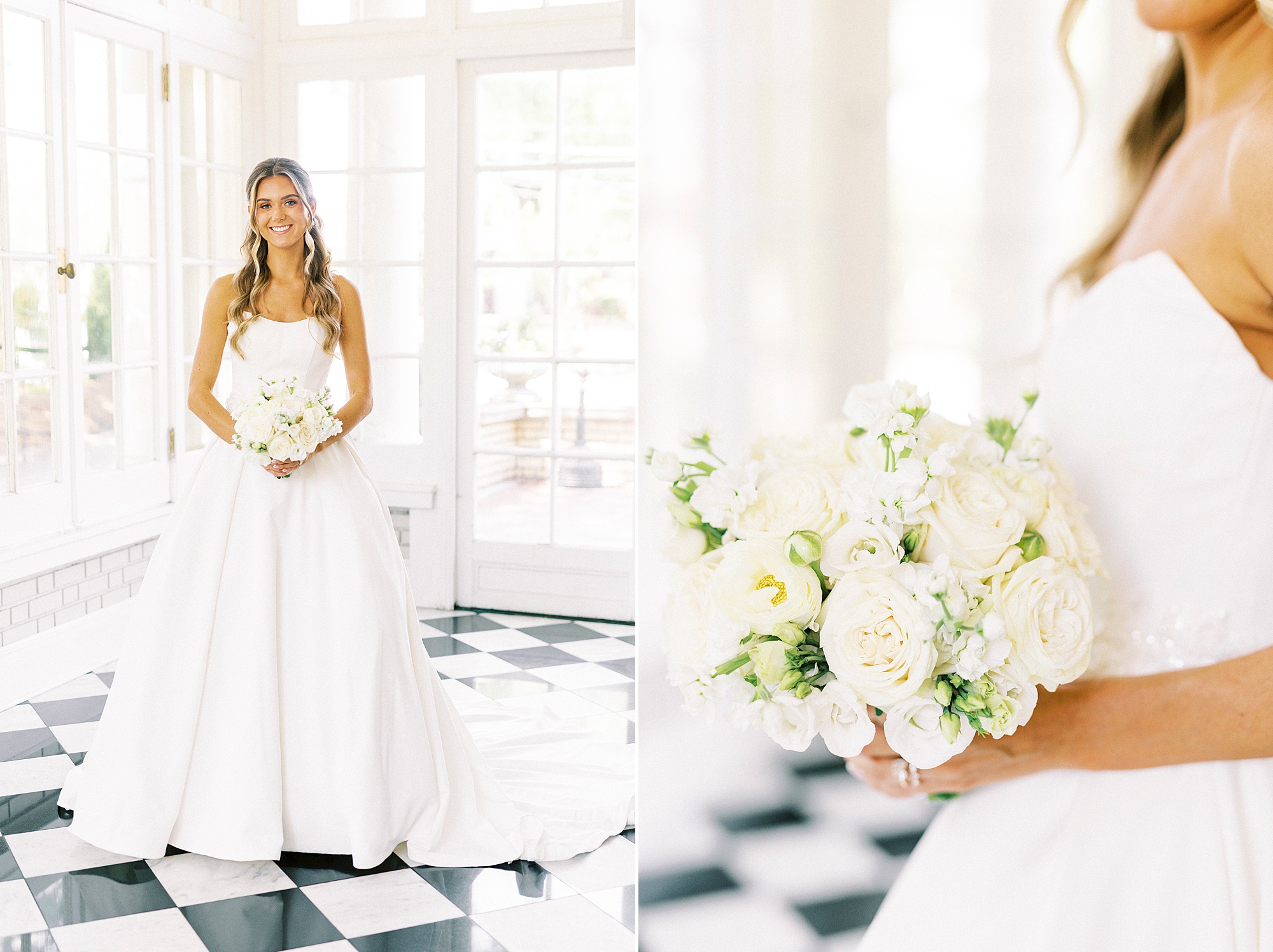 bride holds bouquet of ivory flowers inside room with black and white floor at Separk Mansion
