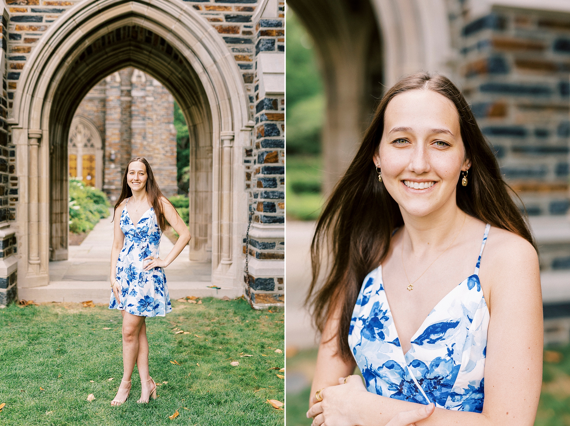 girl in blue and white floral dress poses under archway of Duke University chapel