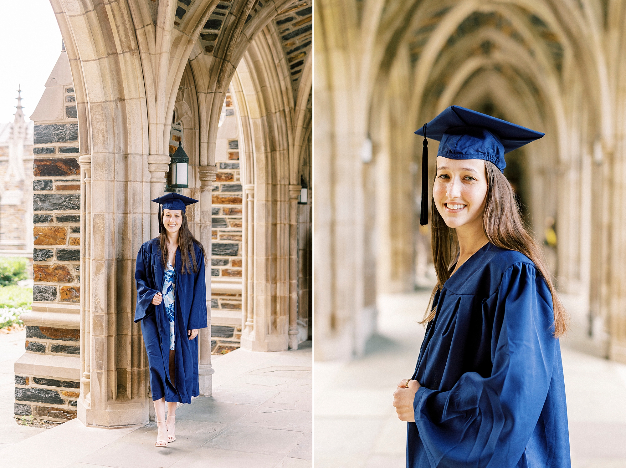girl in navy cap and gown leans against archway of Duke University chapel