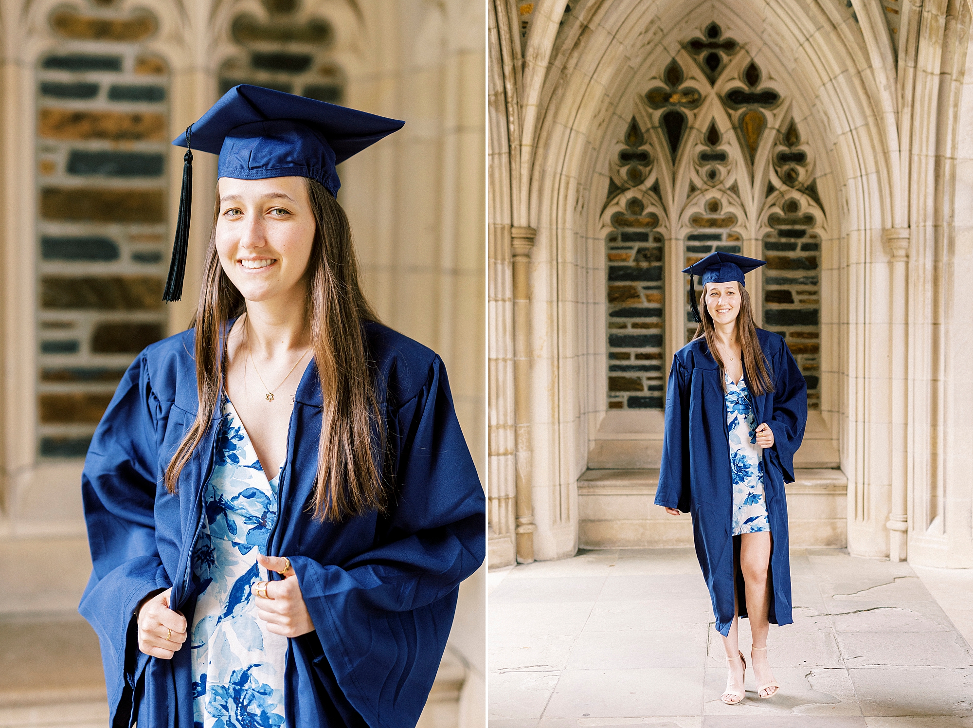 young woman poses in blue cap and gown for Duke University senior portraits