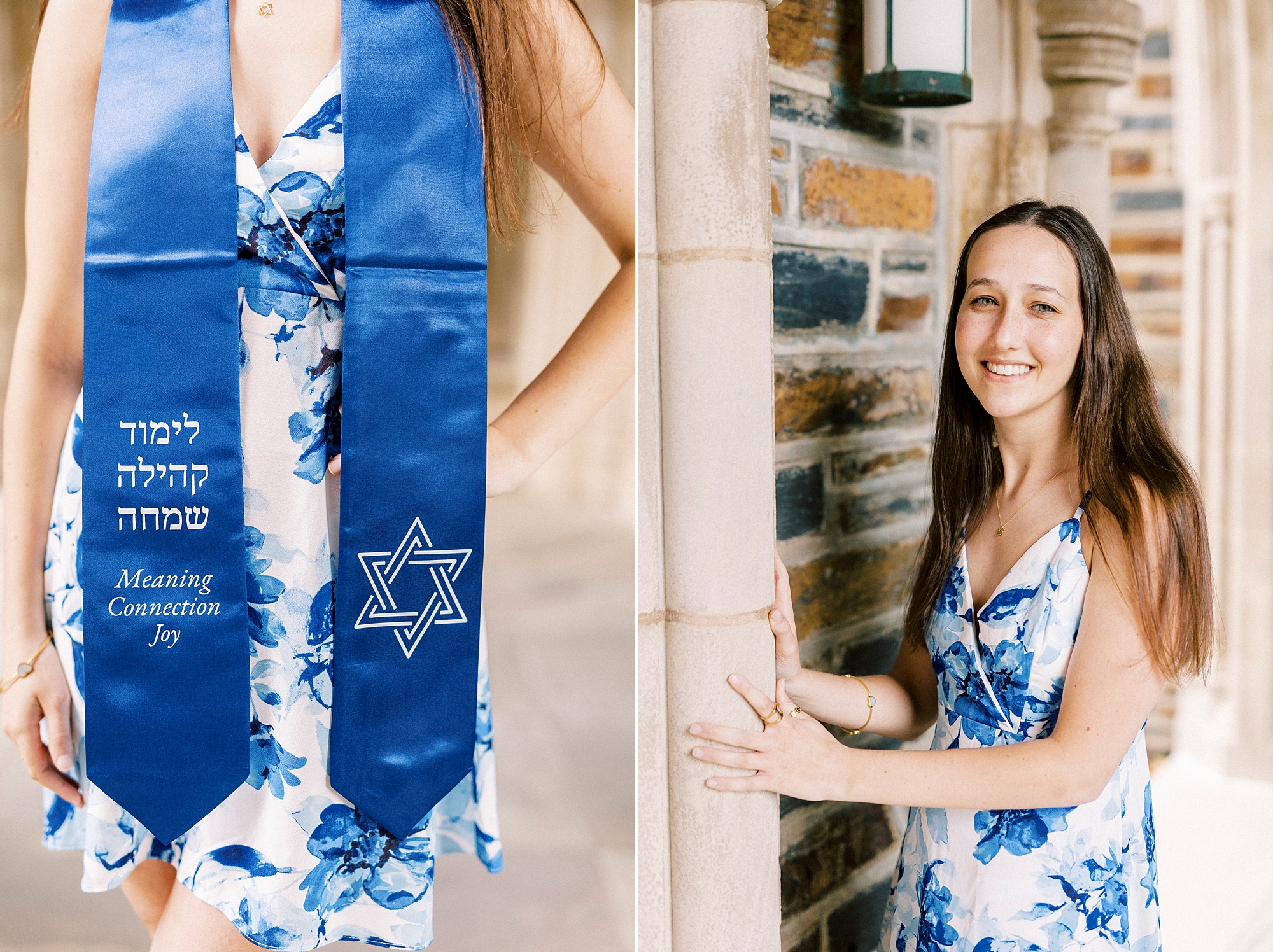 girl shows off blue stole with Star of David during Duke University senior portraits