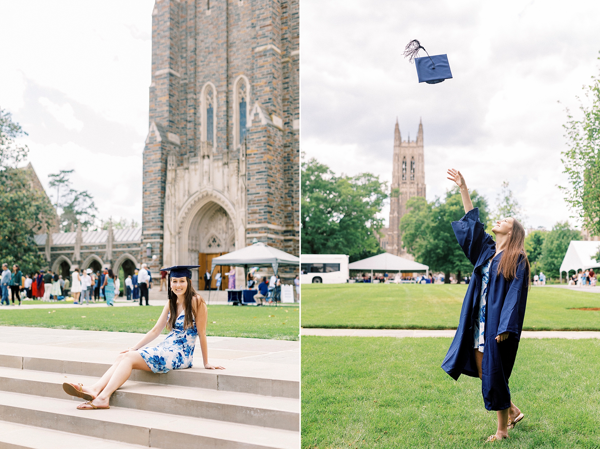 girl tosses cap in air during Duke University senior portraits