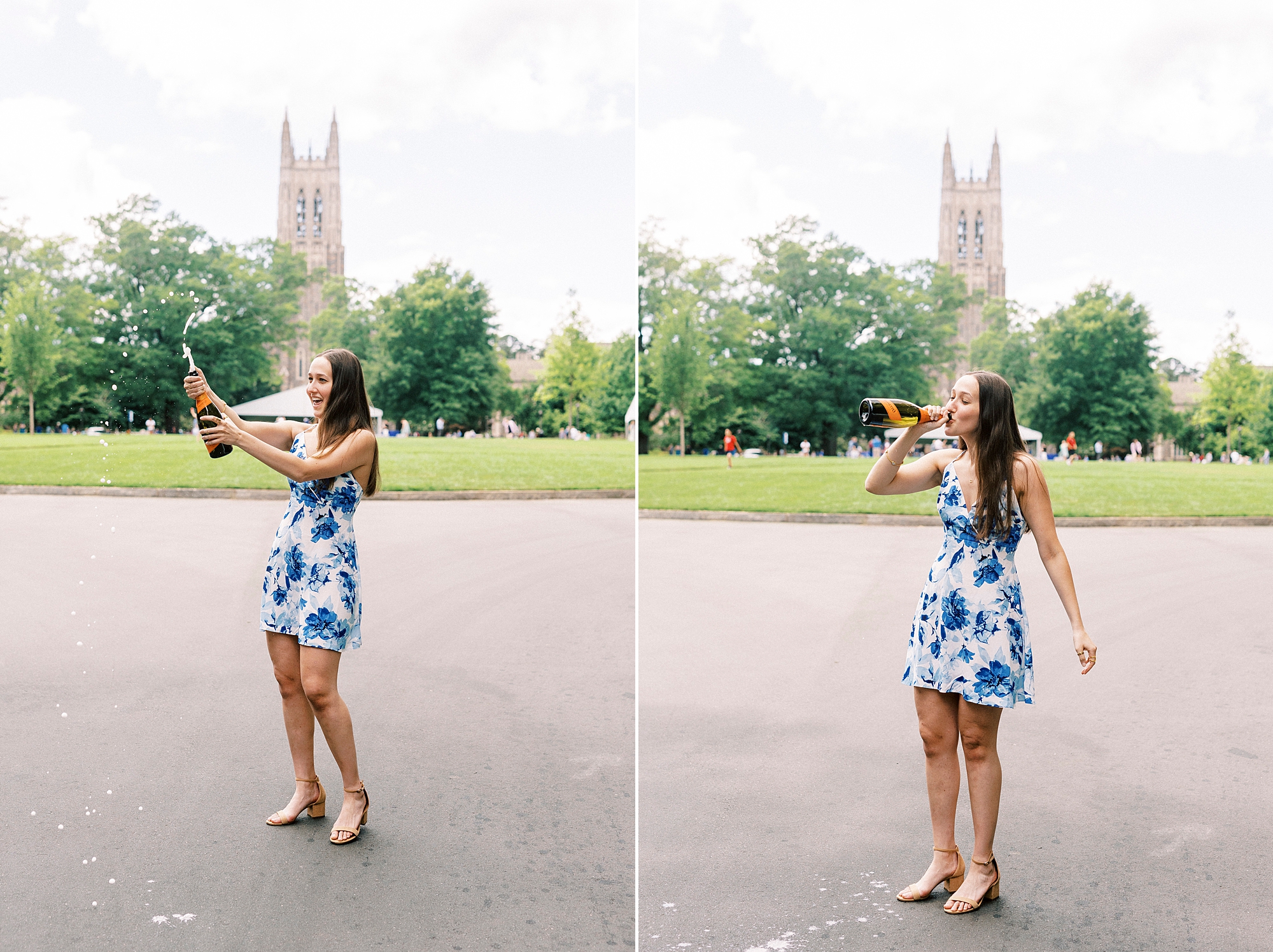 girl pops champagne and drinks it by chapel at Duke University 