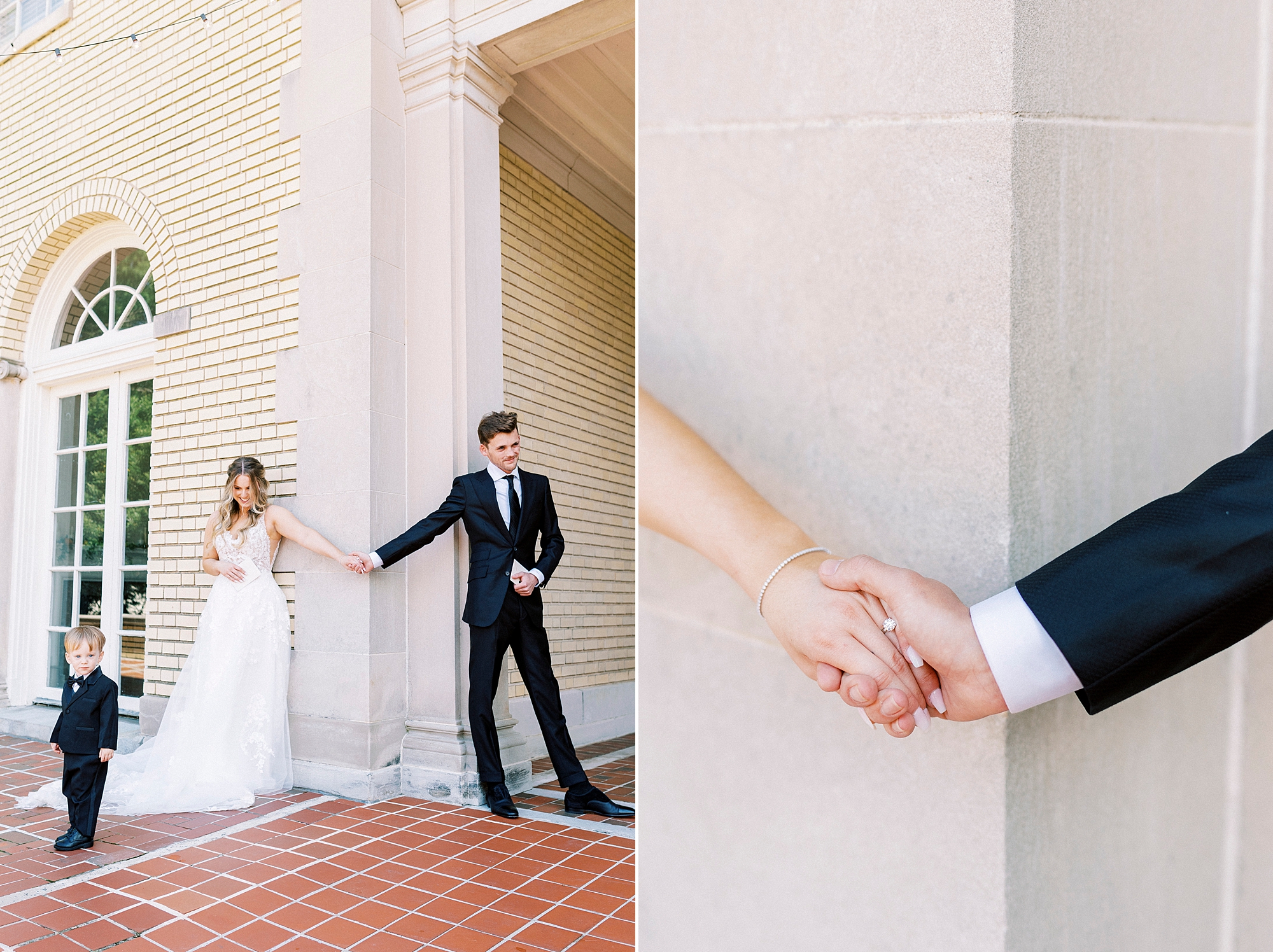couple holds hands around corner for first touch at Separk Mansion
