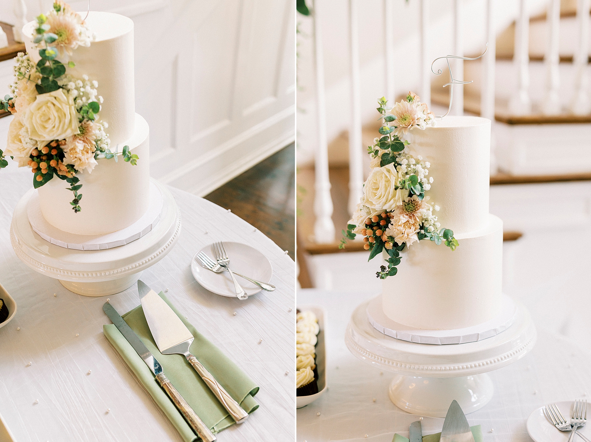 tiered wedding cake with white icing and florals on top tier