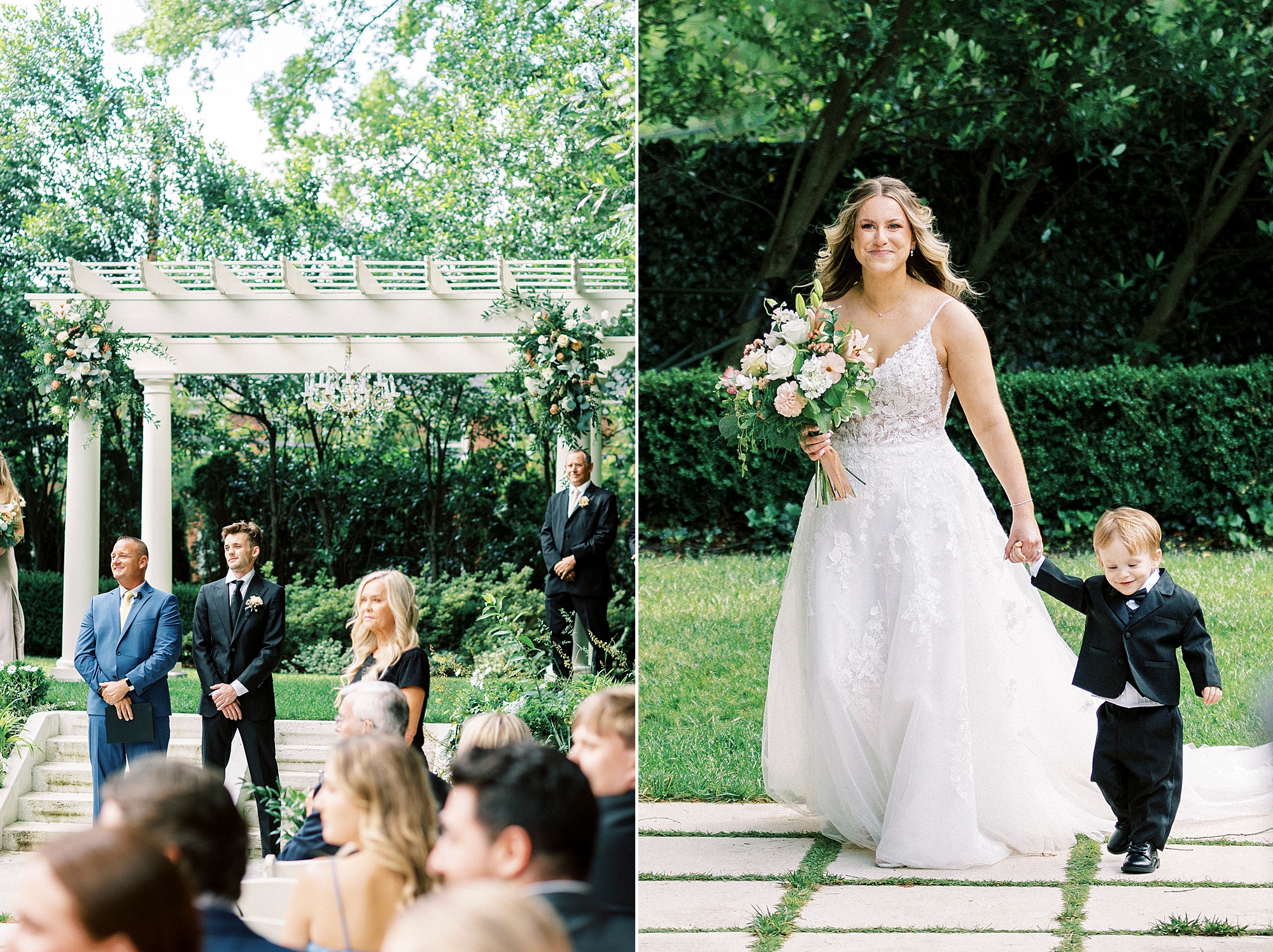 bride walks down aisle with young son during wedding ceremony at Separk Mansion