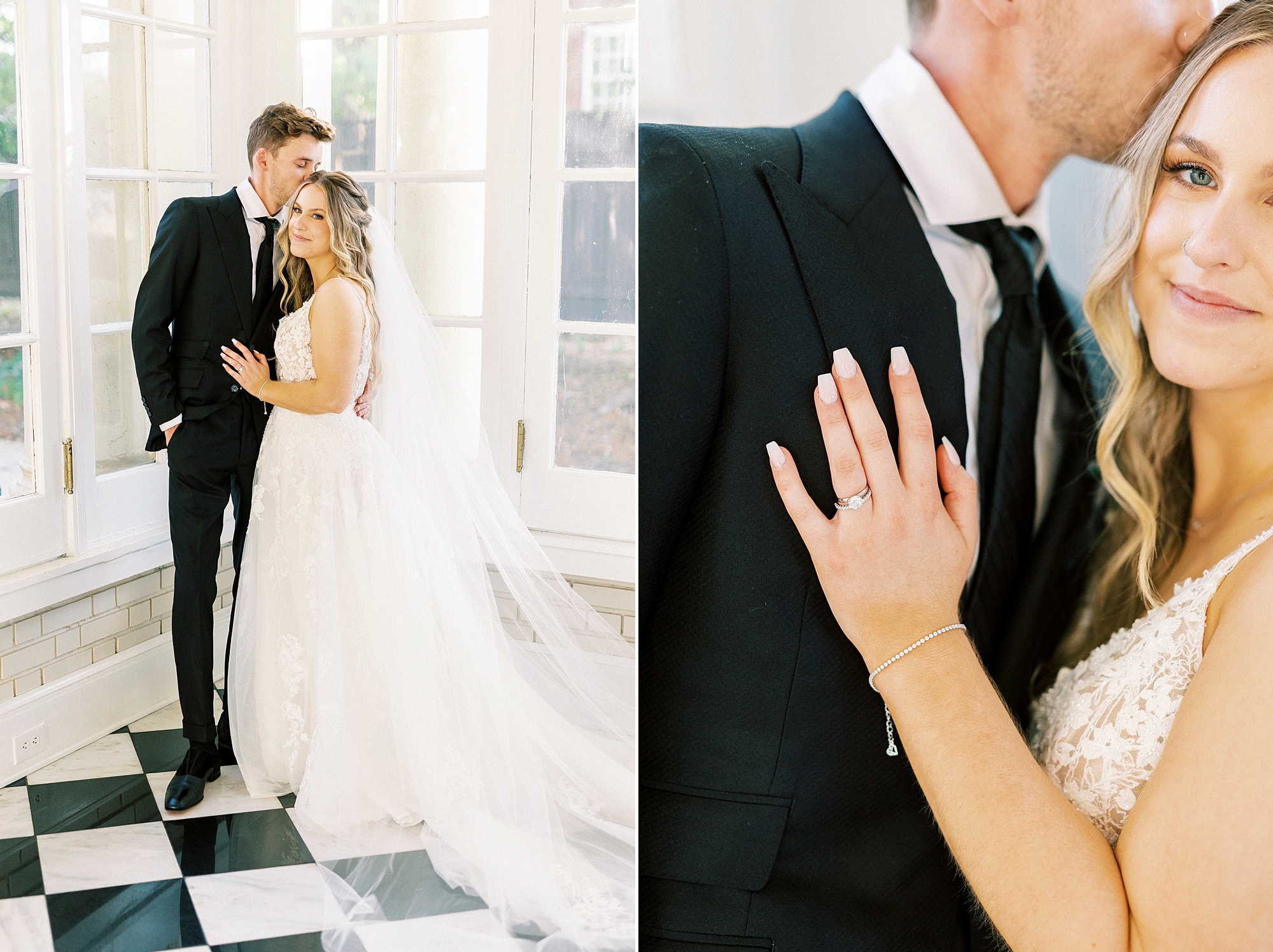 bride lays hand on groom's chest in sunroom of Separk Mansion