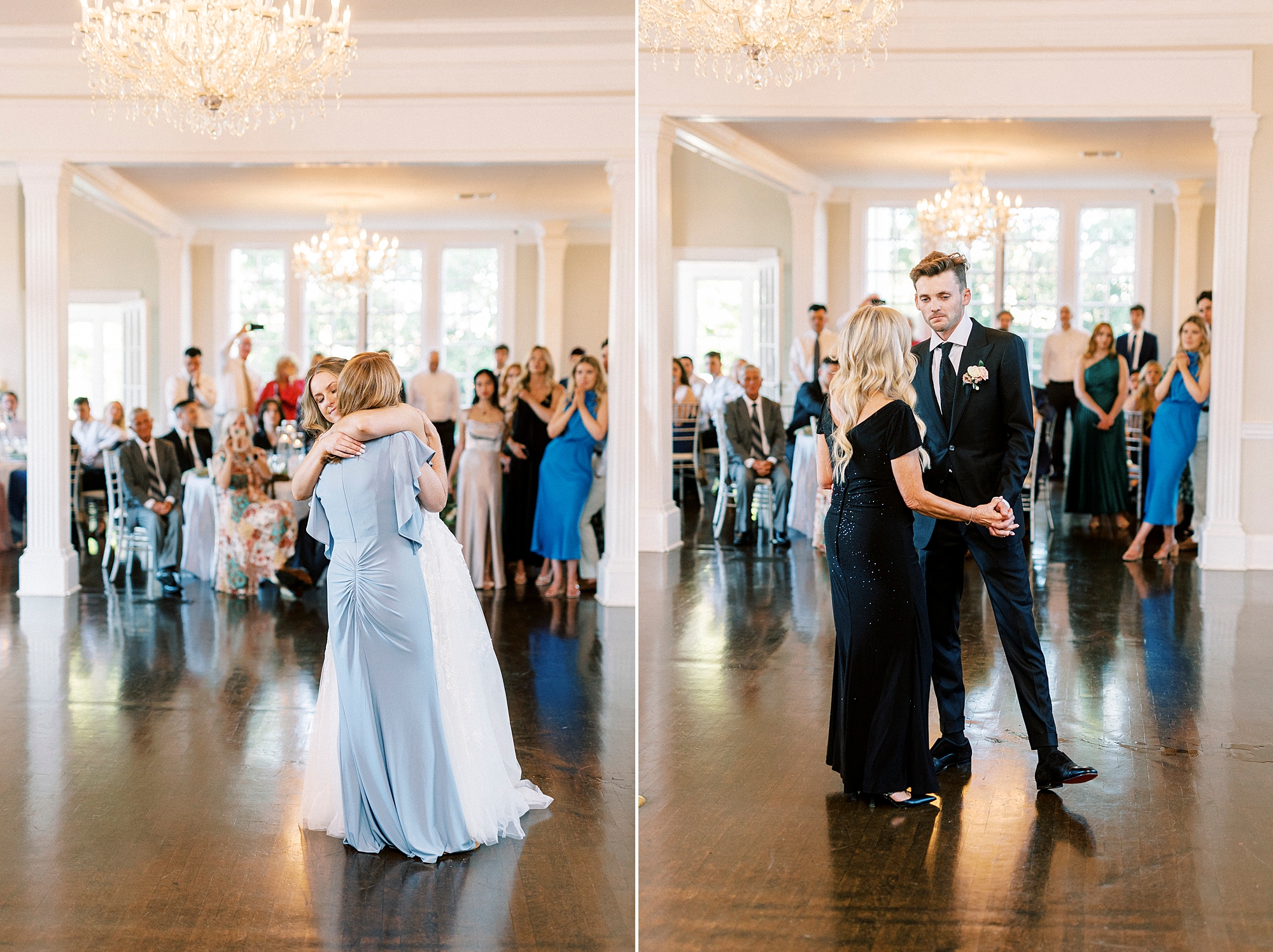 bride and groom dance during NC wedding reception with parents 