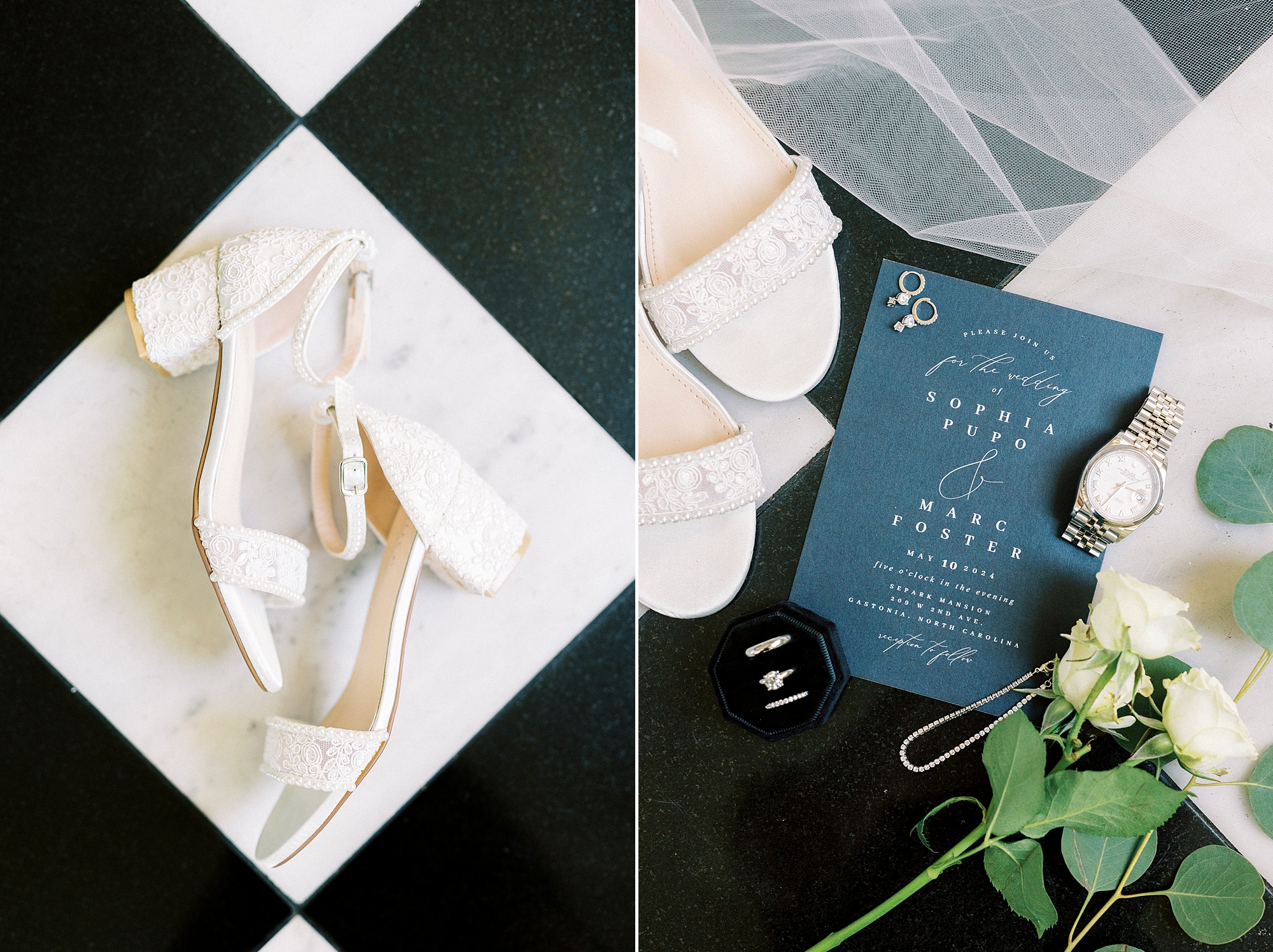 ivory shoes lay on black and white checkered floor at Separk Mansion